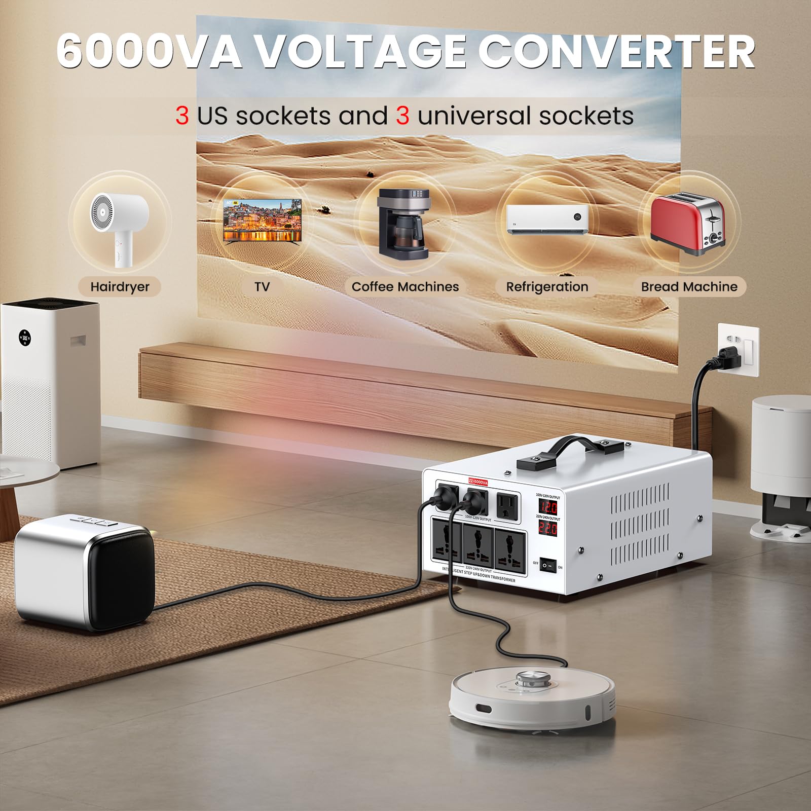 Trasformatore convertitore di tensione resistente da 6000 W - Step Up da 110 V a 220 V e Step Down da 220 V a 110 V, riconoscimento automatico dell'ingresso, 3 prese americane e 3 universali, display