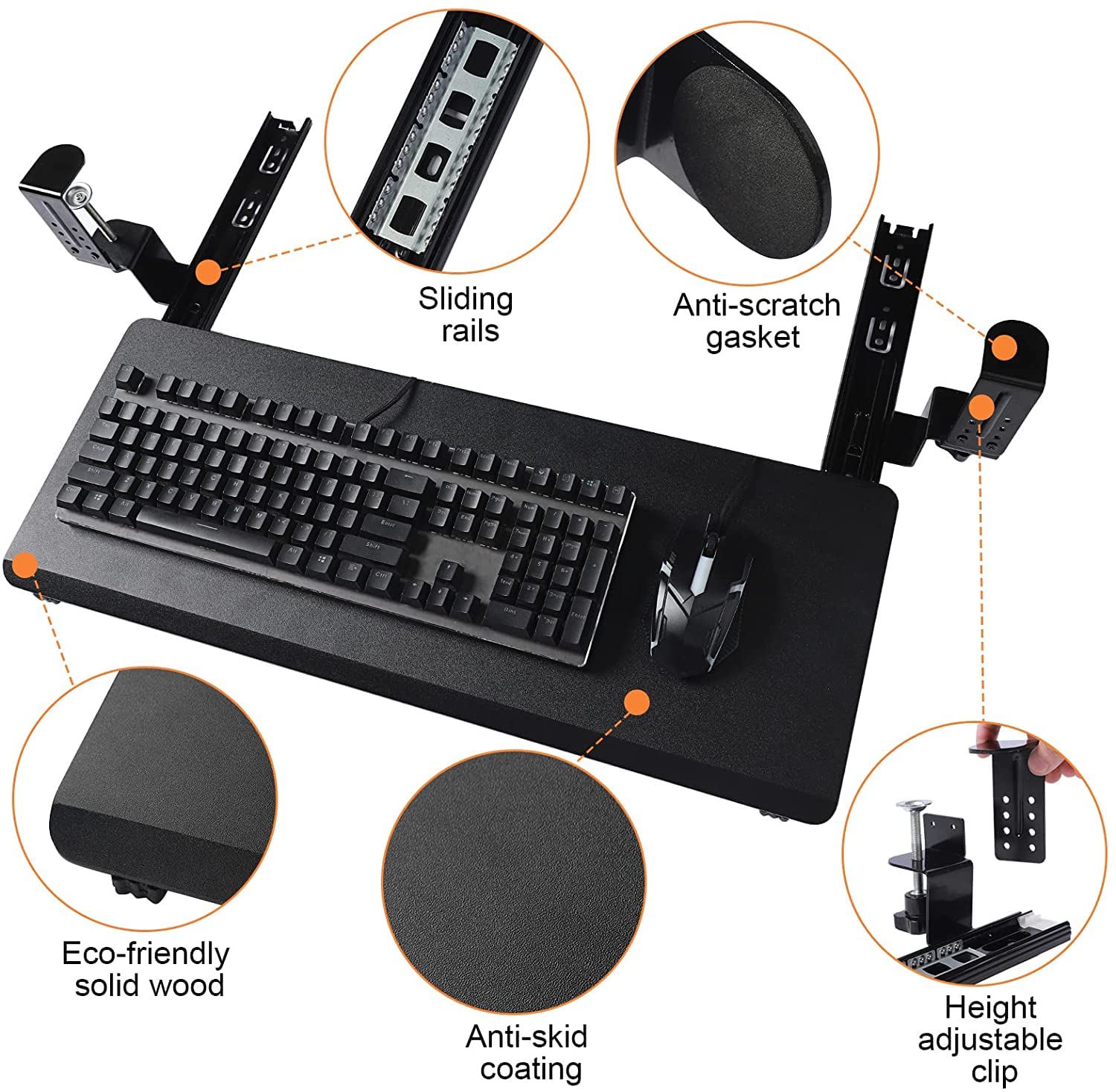 Bandeja para teclado con abrazadera ergonómica deslizante para teclado y ratón para debajo del escritorio cajón retráctil fácil de montar sin necesidad de herramientas o tornillos (carbón ne