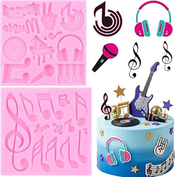 ZiXiang Music Theme Fondant Mold Musical Notes Piano Silicone Molds Musical Keyboard Microphone Molds Music Notes Lace Mat For Sugar Cake Decorating Cupcake Topper Candy Chocolate Gum Paste Set Of 2