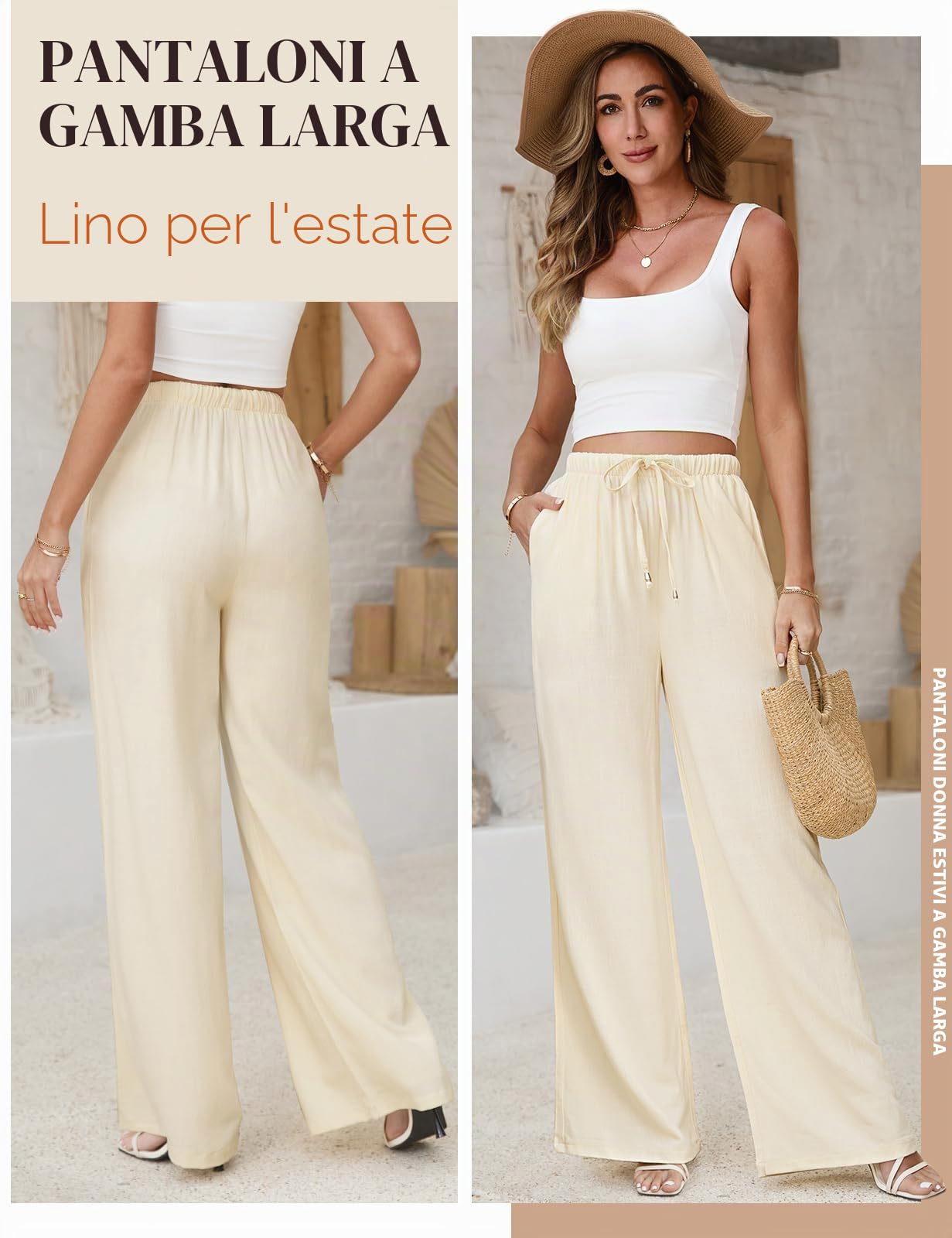 Voqeen Pantaloni Estivi da Donna in Lino Pantaloni Casual in Cotone e Tessuto di Lino Pantaloni Casual Monocromatici Pantaloni da Spiaggia a Vita Alta e Gamba Larga con Tasche