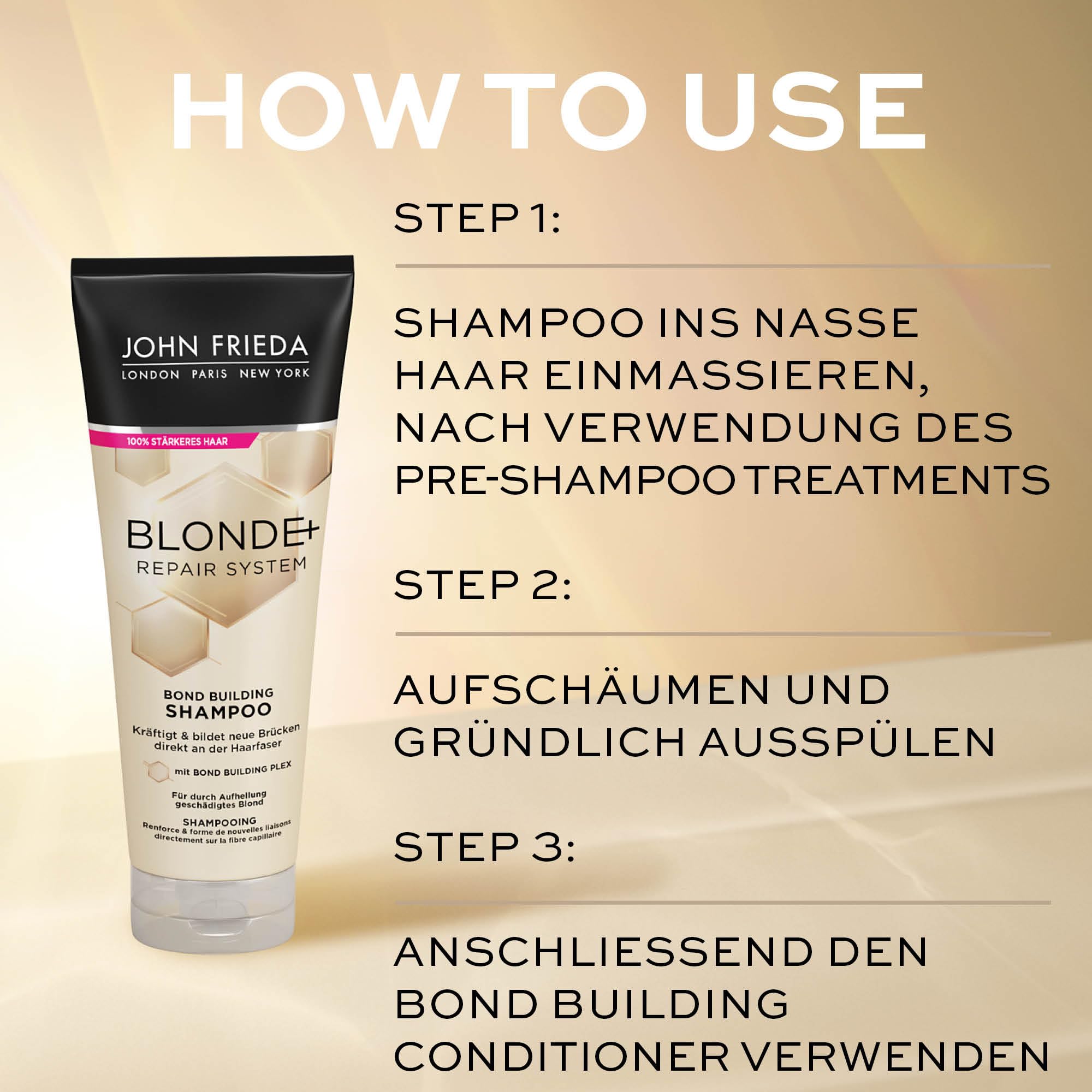 John Frieda Blonde+ Repair System Profits zestaw – zawartość: pre-shampoo Treatment, 100 ml, szampon, 250 ml, odżywka, 250 ml – łącznie z maską na oczy MegRhythm – z Bond Building Plex