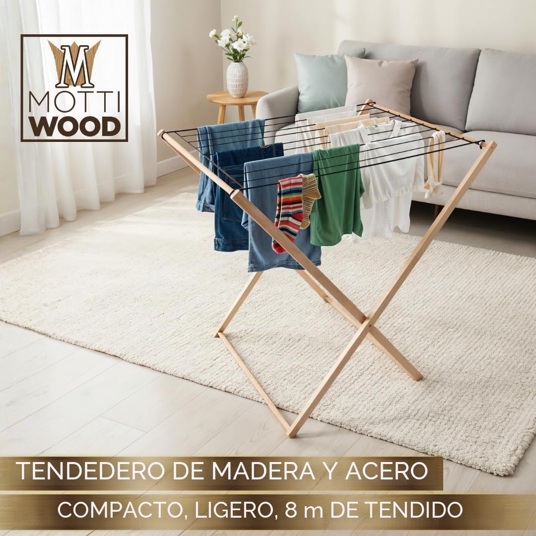 Tendedero Premium para ahorrar espacio, 8 m, tendedero con rejilla de metal plegable, dimensiones 92 x 67 x 92 (alt.) cm, estructura de madera de haya, fabricado en Italia