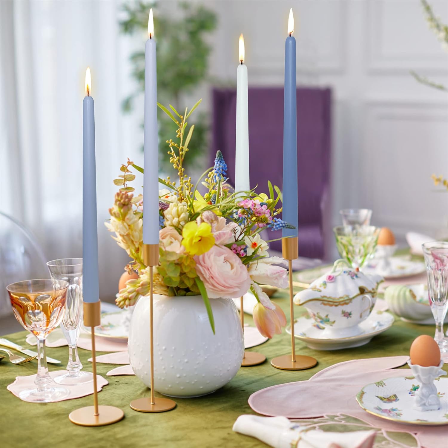 8pcs Green Scented Taper Candles Blue candlesticks for Home