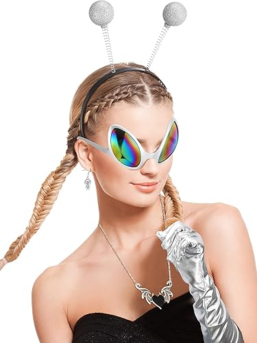 Miniatura 5 de Panitay 5 piezas de disfraz de alienígena de Halloween para mujer, diadema de alienígena, gafas de sol, guantes plateados, collar y aretes