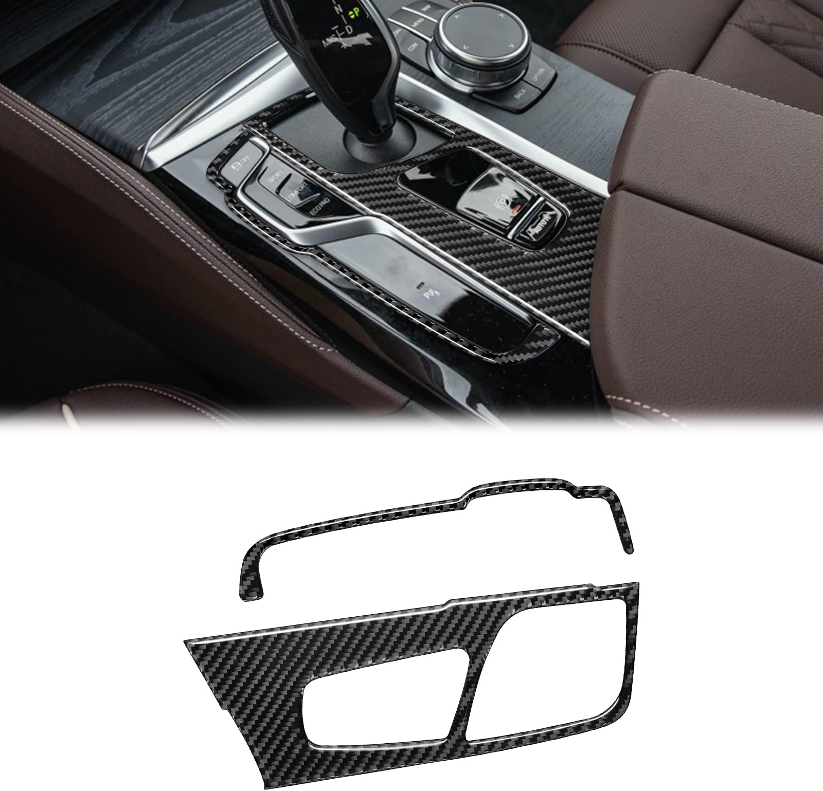 SUNJIKA Compatible with Carbon Fiber Gear Shift Box Button Panel Cover Trim Sticker Interior Accessories for BMW 5 Series G30 G38 525i 530i 540i 2018 2019 2020 2021 2022 2023 Black 2PCS