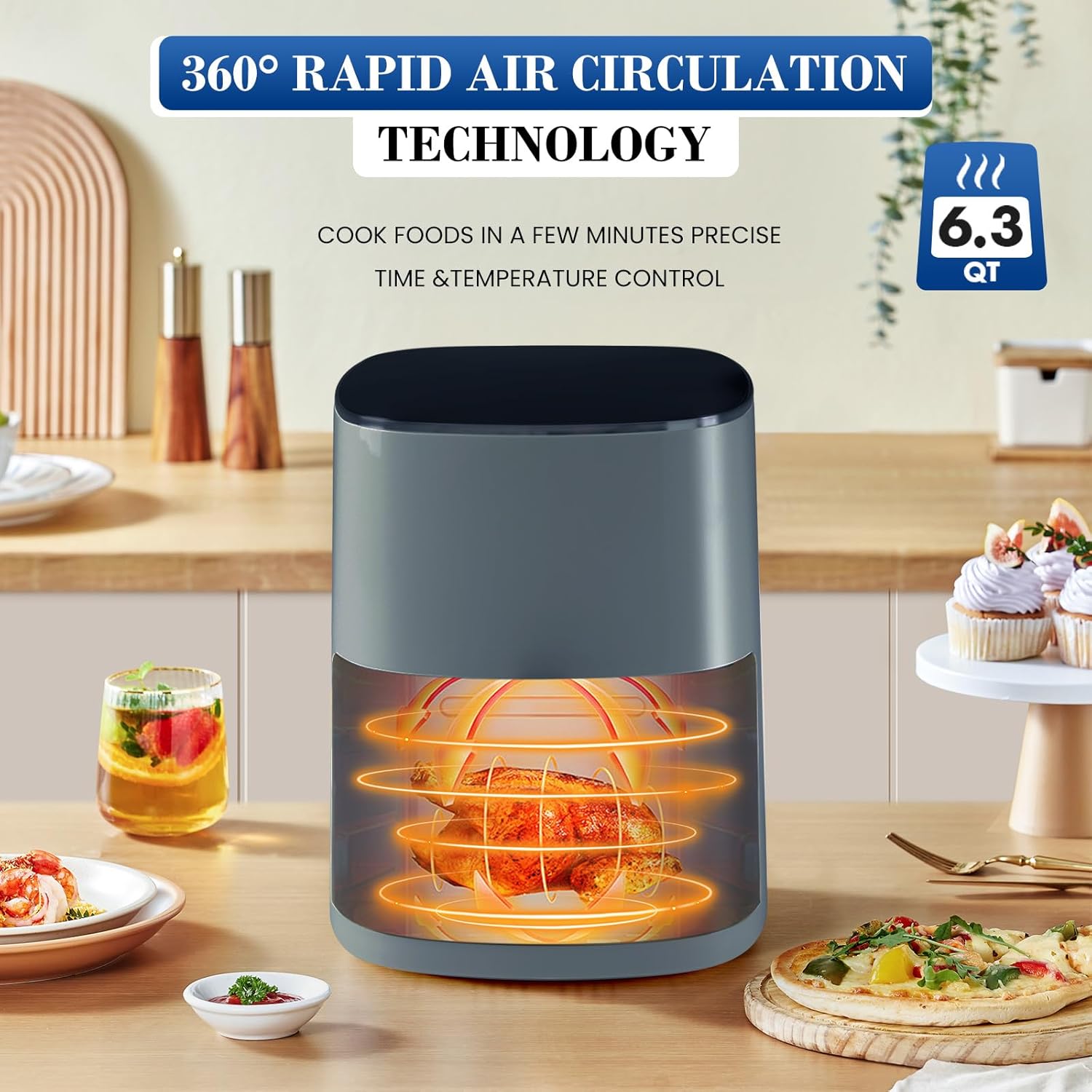 NEWBULIG Air Fryer, 6QT Square Airfryer with Visual Window, 400℉ Fast Heating Air Fryers Oven with Timer, Auto-Off, Non Toxic & Non Stick, Multiple 12 Modes for Roast, Bake, Dehydrate, Fry, Reheat