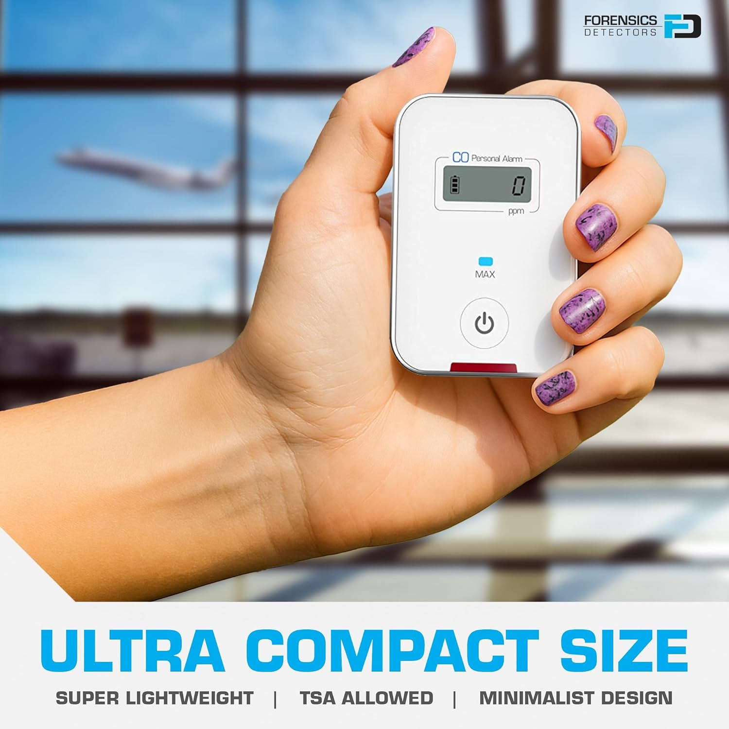 Travel CO Detector by Forensics | Carbon Monoxide Low-Level 9ppm Alarm | Super Small Size & Stylish | iPhone White Color | Easy One-Button Operation |