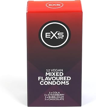 EXS Mixed Flavoured Condoms (12 Pack) Regular Fit, Premium Latex with Non-Spermicidal Lube, Flared with Teat, PETA-Approved Vegan Condom, 3 Year Life - CE Marked NHS Approved Male Condoms