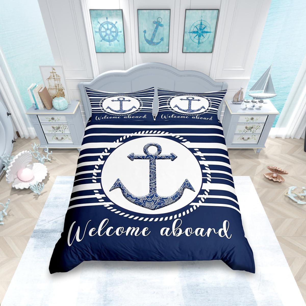 Homemissing Nautical Anchor Duvet Cover Cot Size Welcome Aboard Bedding Set for Boys Girls Navy Blue Floral Stripe Comforter Cover Lake House Bedroom Decor 2Pcs No Comforter With 1 Pillowcase
