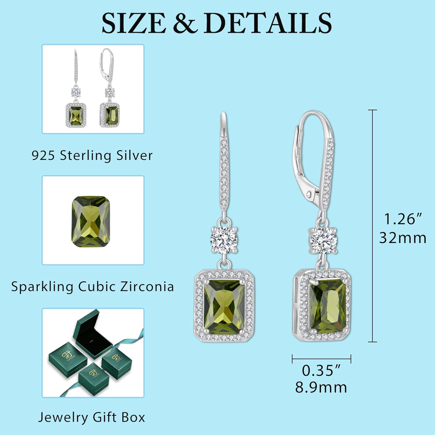 FJ Princess Cut Dangle Drop Earrings 925 Sterling Silver Square Halo Leverback Earrings Birthstone Jewelry for Women - Image 6