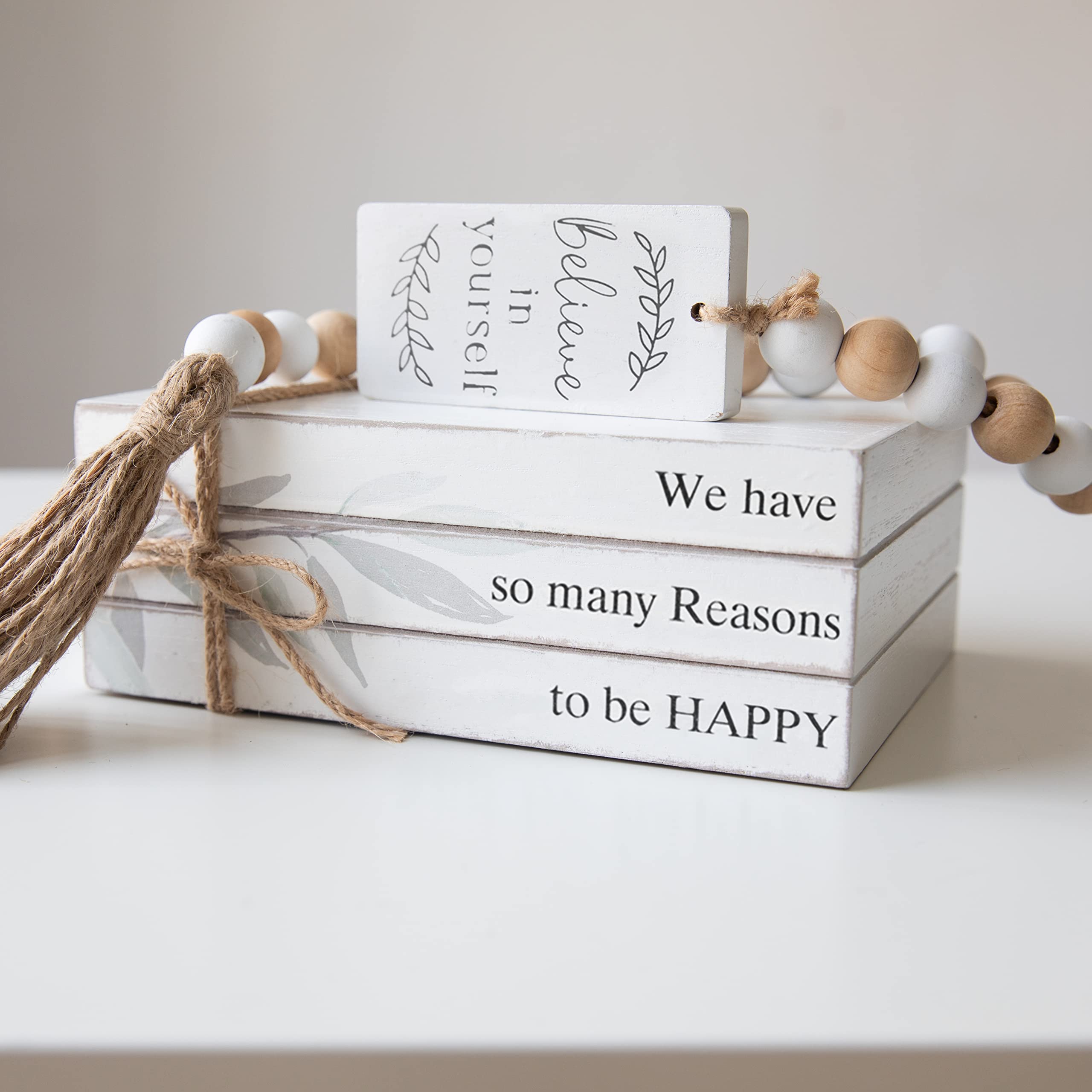 GENMOUS Faux Decorative Books Set For Home Decor, Stacked Wood Faux Books For Living Room Decor, Decorative Books For Display, Faux Wood Book Stack For Shelf Decor, Mantel Decor, Farmhouse Decor Happy