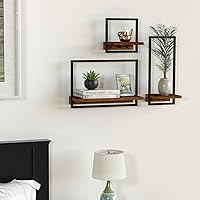 Vista 4 de Metal Frame Rustic Wooden Floating Hanging Shelves, Home Decor Wall Mounted Display Organizing Shelf for Living Room, Bedroom, Office Bathroom. Set