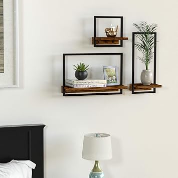 Metal Frame Rustic Wooden Floating Hanging Shelves, Home Decor Wall Mounted Display Organizing Shelf for Living Room, Bedroom, Office Bathroom. Set of 3