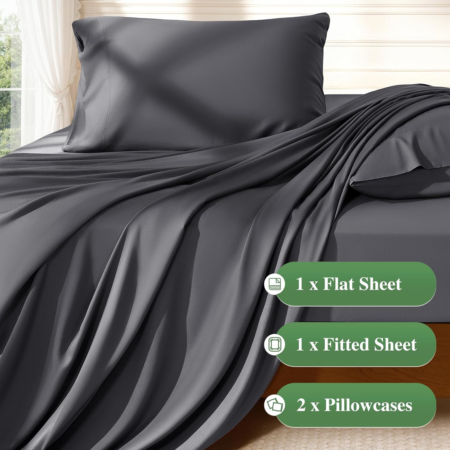 100% Viscose Derived from Bamboo Sheets King Size, Hotel Luxury Bed Sheets Set, Deep Pocket Up to 16 Inches, Ultra Soft Cooling Sheets 4pcs (Dark Grey)