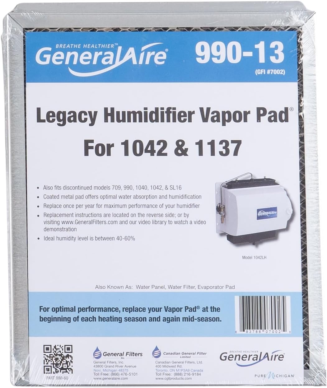 4-PK -GeneralAire 990-13 Humidifier Water Vapor Pad- GFI #7002 Compatible with GeneralAire 709, 990, 1040, 1137, 1042LH, and SL16 Humidifiers