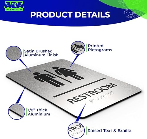 Miniatura 3 de ADASigns - Letrero unisex para baño, aluminio cepillado duradero de 6 x 9 pulgadas con Braille, fácil instalación con cinta adhesiva fuerte,