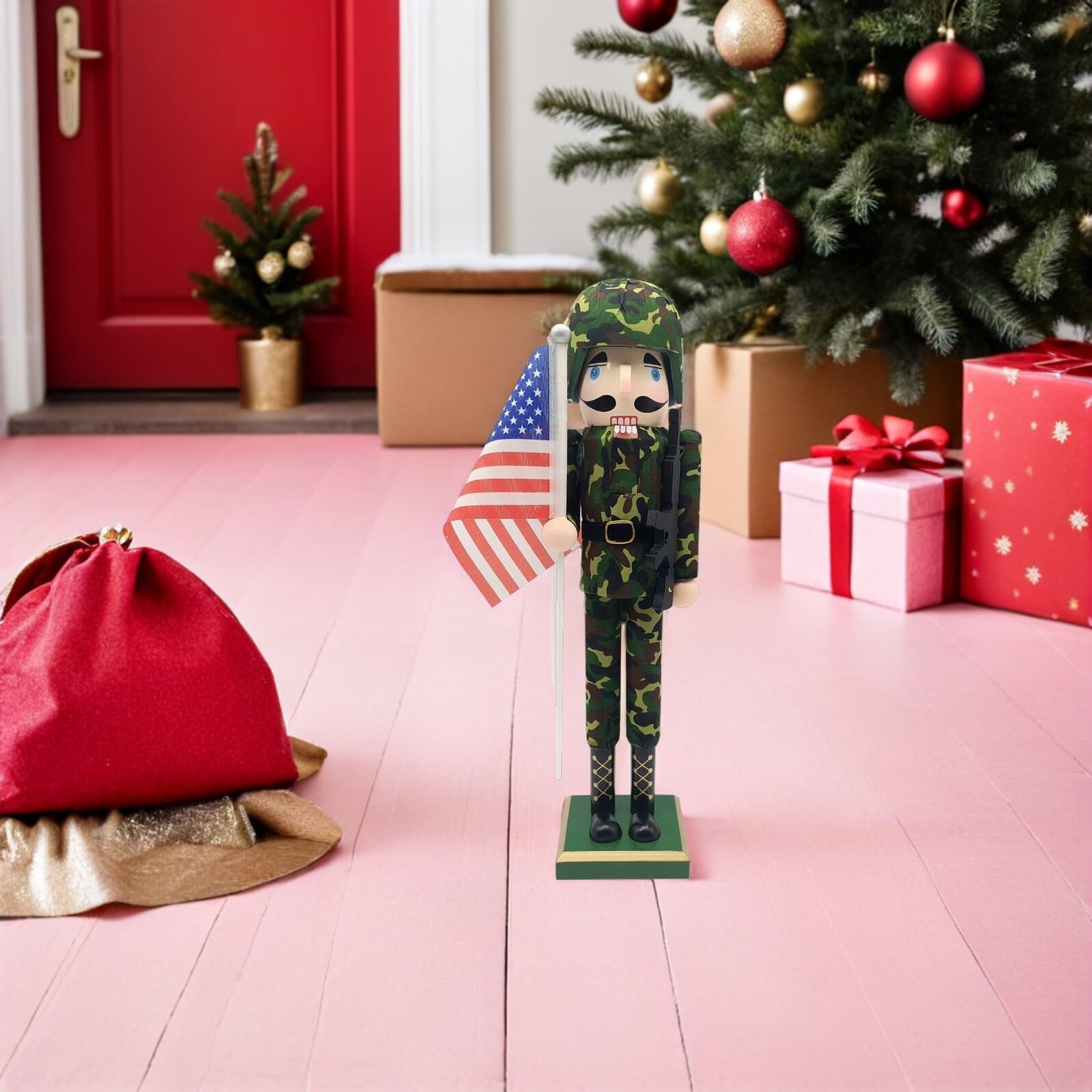 Toyvian Holz Nussknacker Figur mit Amerikanischer Flagge als Tischdeko für Weihnachten und Feiertage Traditioneller Soldat Dekor für Haus und Büro