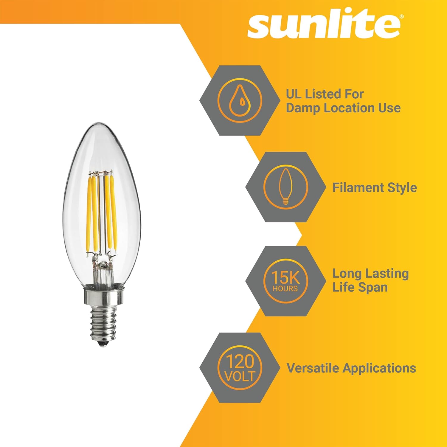Sunlite 41650 LED Filament B11 Torpedo Tip Chandelier Light Bulb, UL Listed, 4 Watts (40W Equivalent), 400 Lumens, Candelabra Base (E12), Edison Style, Dimmable, 1800K Candle Light, 12 Count