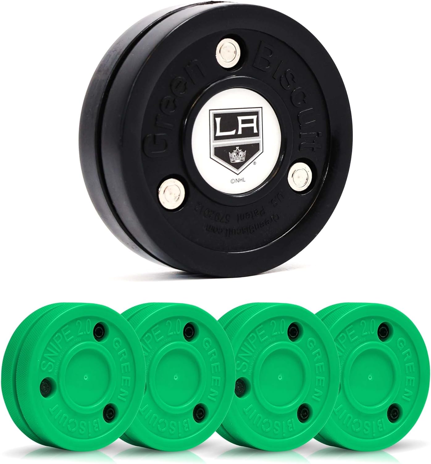 Green Biscuit 4-Pack Snipe New 2.0 Off Ice Hockey Pucks with 1 NHL Puck, Street Hockey Puck for Stickhandling and Shooting Practices - Official