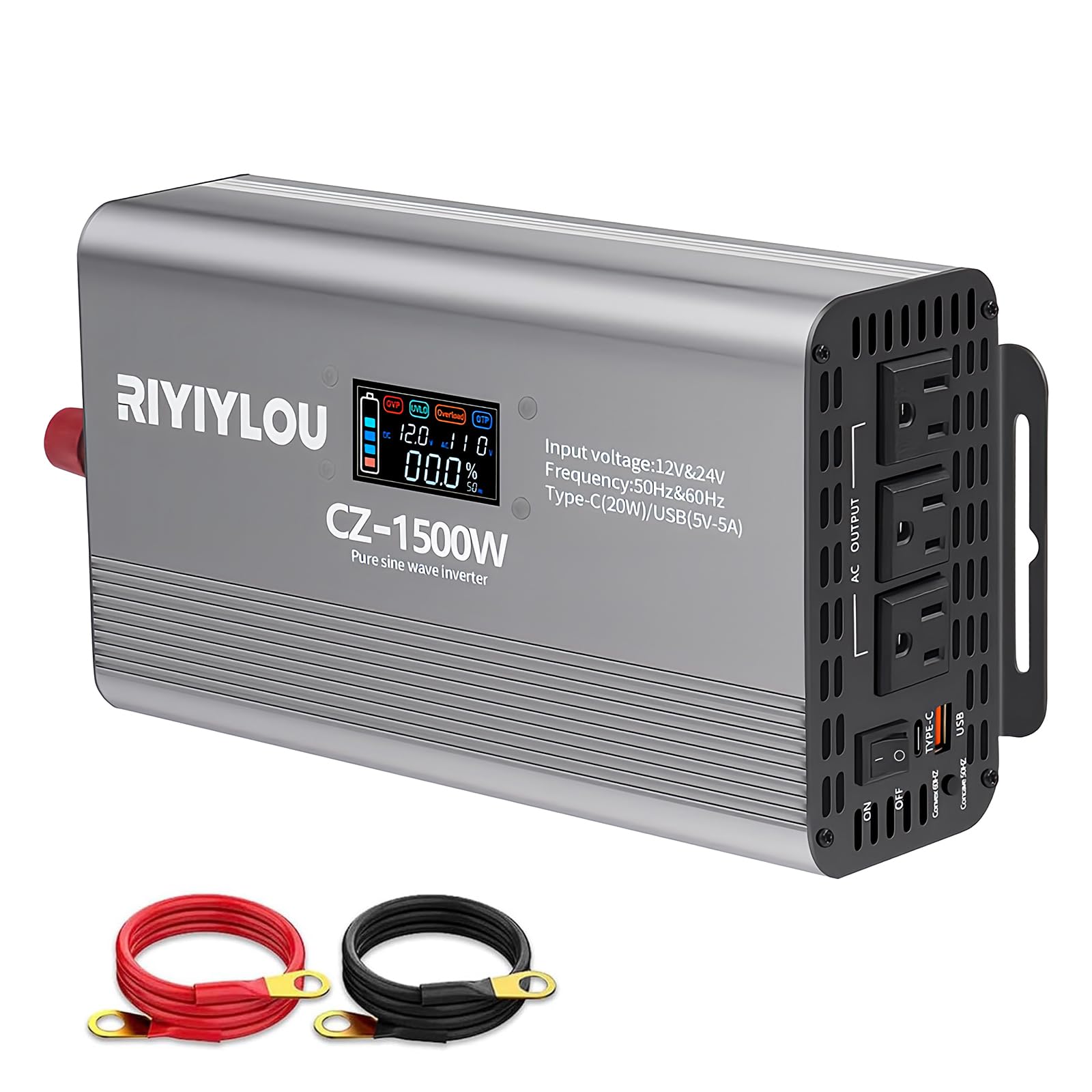 Photo 1 of 1500W Pure Sine Wave Inverter (3000W Peak), 12V/24V Auto-Detect, 50Hz/60Hz Switchable, LCD Display, Type-C Fast Charging, Silent Design, Overload & Overheat Protection for RV, Home