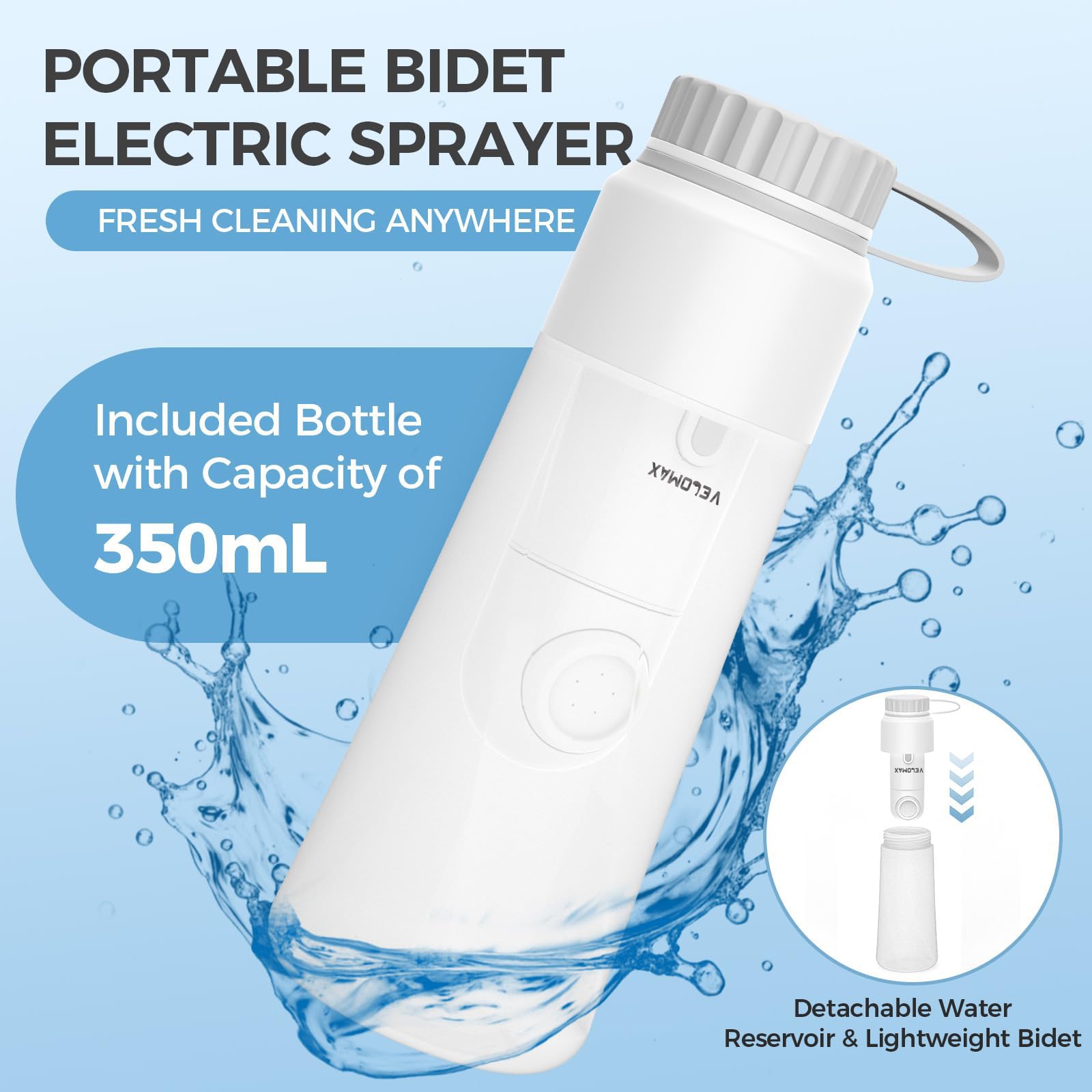 VELOMAX Portable Travel Bidet with 2 Pressure Options , IPX7 Waterproof Electric Rechargeable Mini Handheld Spray for Women & Men, Adjustable Speed, Hygienic Cleaning, Postpartum & Baby Care 1