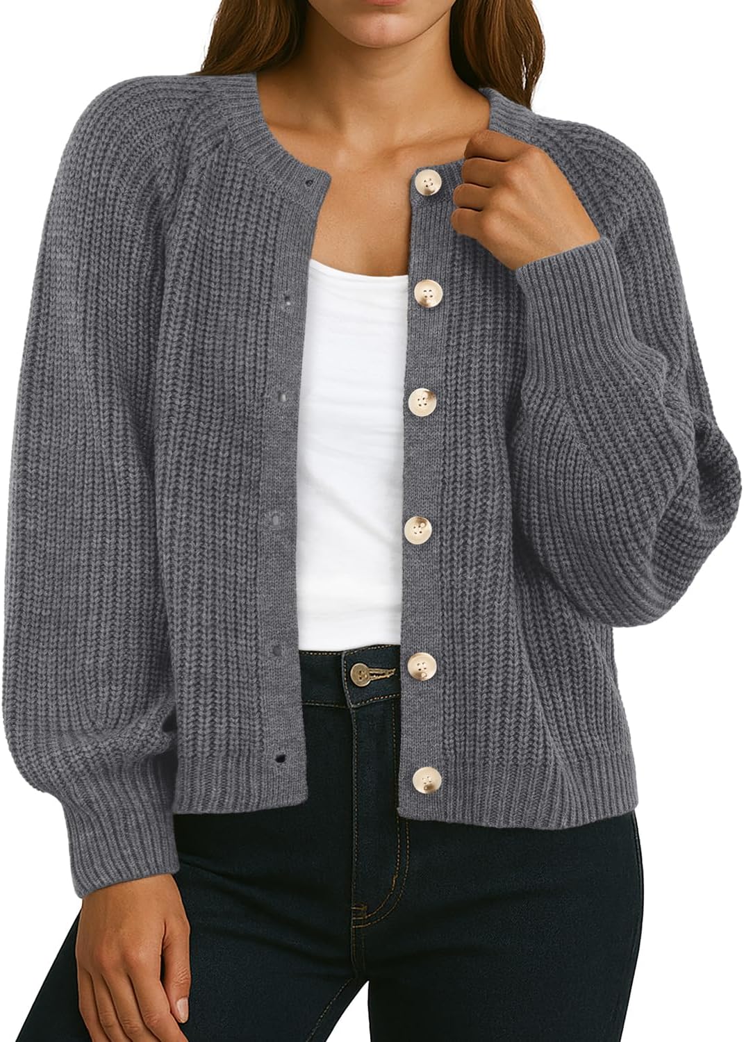 GRECERELLE Women's Chunky Open Front Sweater Long Sleeve Button Knit Short Loose Cardigan Outerwear, S-2XL