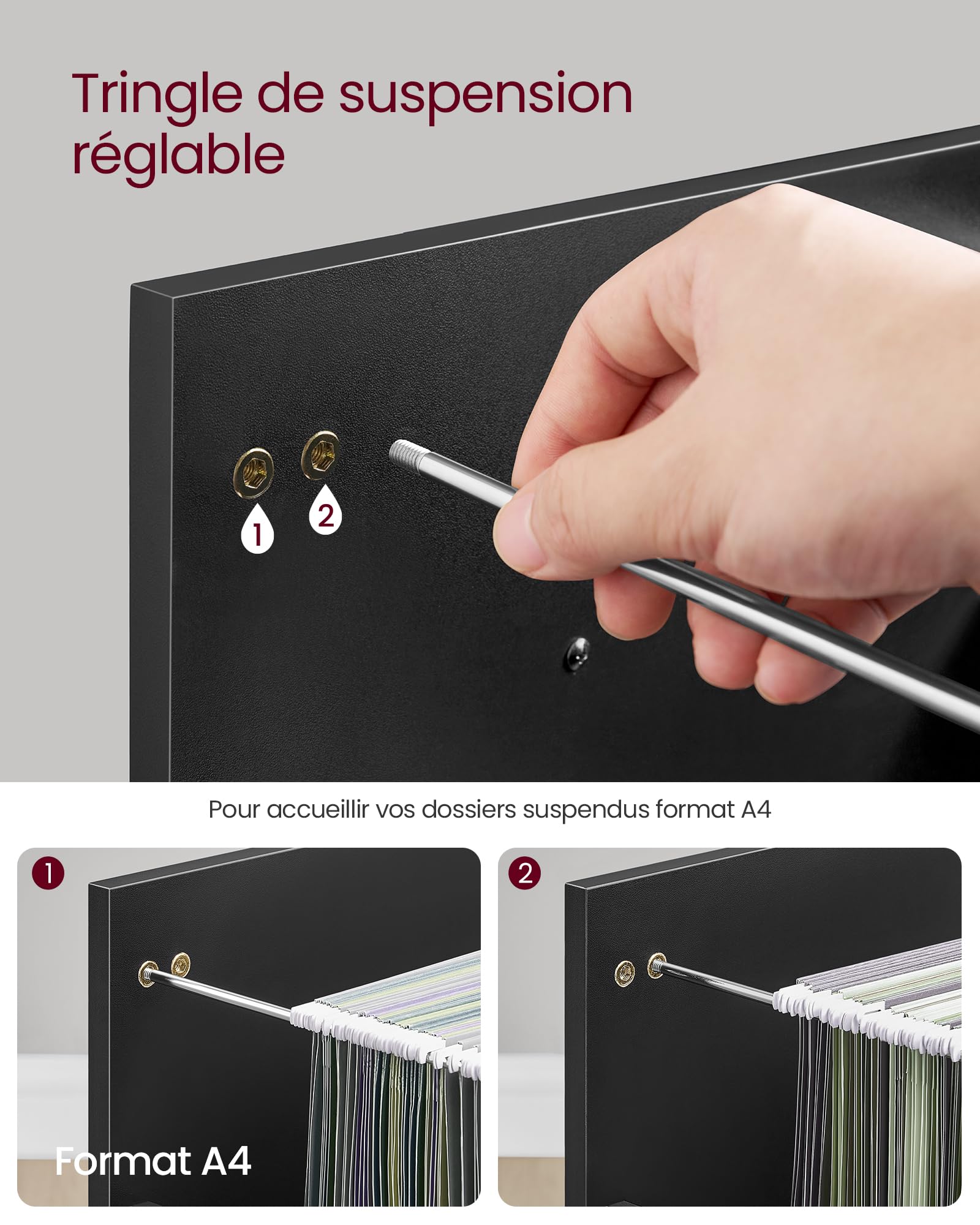VASAGLE Custos Collection - Caisson de Bureau, Meuble de Bureau à 3 Tiroirs, Casier sur roulettes, pour Documents Format A4, Tringle Réglable, Noir d'encre OFC065BC01