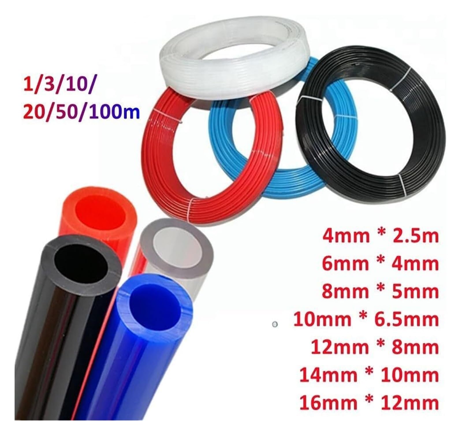 Manguera de aire de PU, manguera de compresor, mangueras flexibles de PU de goma, manguera de aire roja, tubo neumático de 12 mm y 14 mm for compresor, tubería de poliuretano.(Od 10xid 6.5mm,20meter)