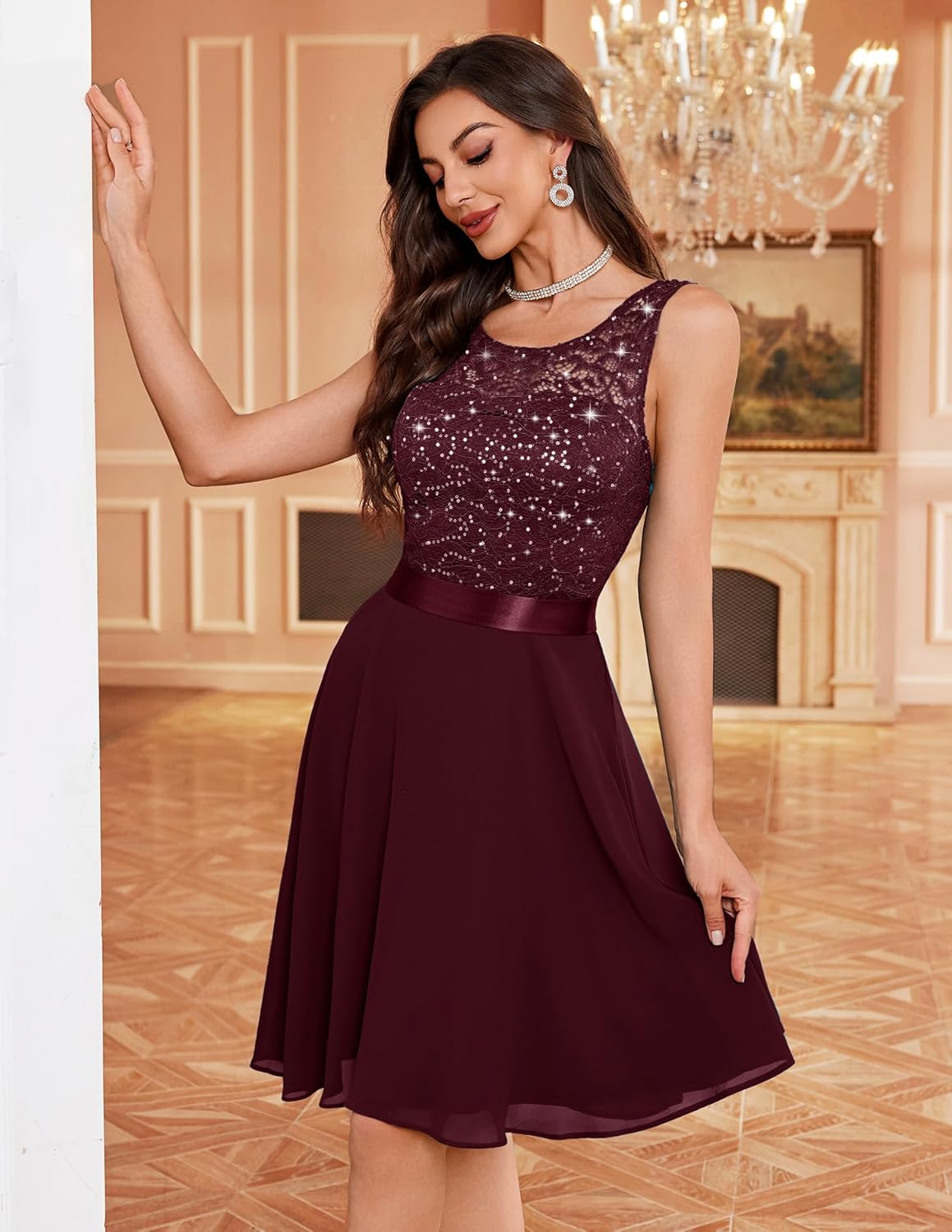 BeryLove Women's Short Prom Dresses for Teens Sleeveless Flowy A Line Wedding Guest Lace Formal Dress - Image 4