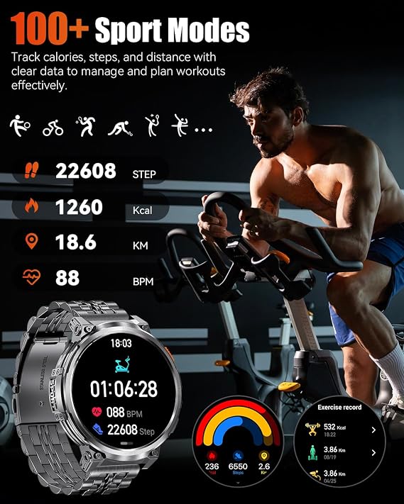 Military Smart Watches for Men with Bluetooth Call, 1.85 HD Screen Waterproof smartwatch with Flashlight, 114 Sport Modes, 730mAh Heart Rate/SpO2/Sleep Monitor Fitness Tracker for iOS Androi