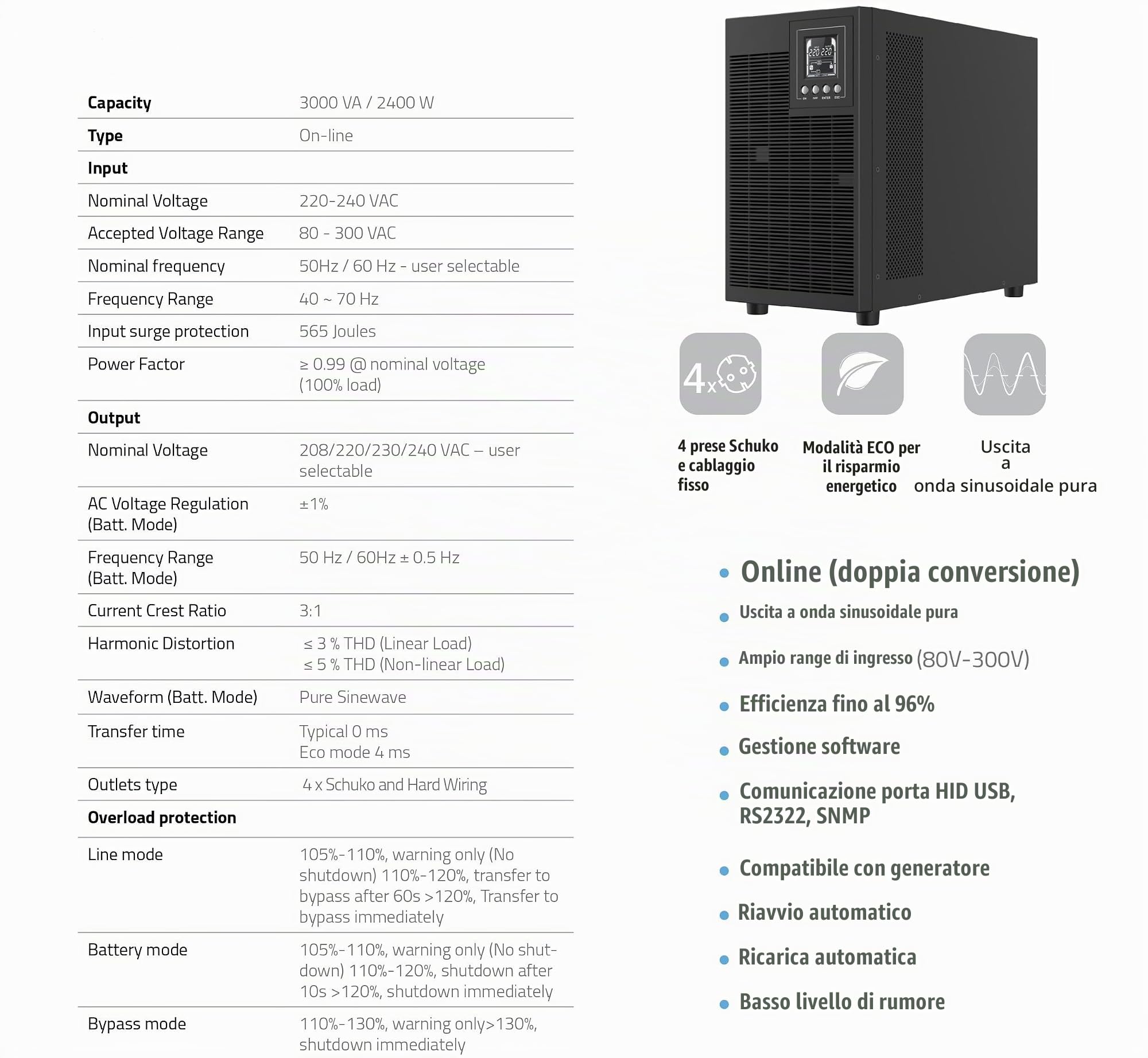 RVT SECURITY ups 3000 VA Onda SINUSOIDALE Pura con display LCD 2400 watt Doppia Conversione 4 Uscite Schuko, USB, RS232, EPO, Slot SNMP, 6 Batterie 12V-7Ah