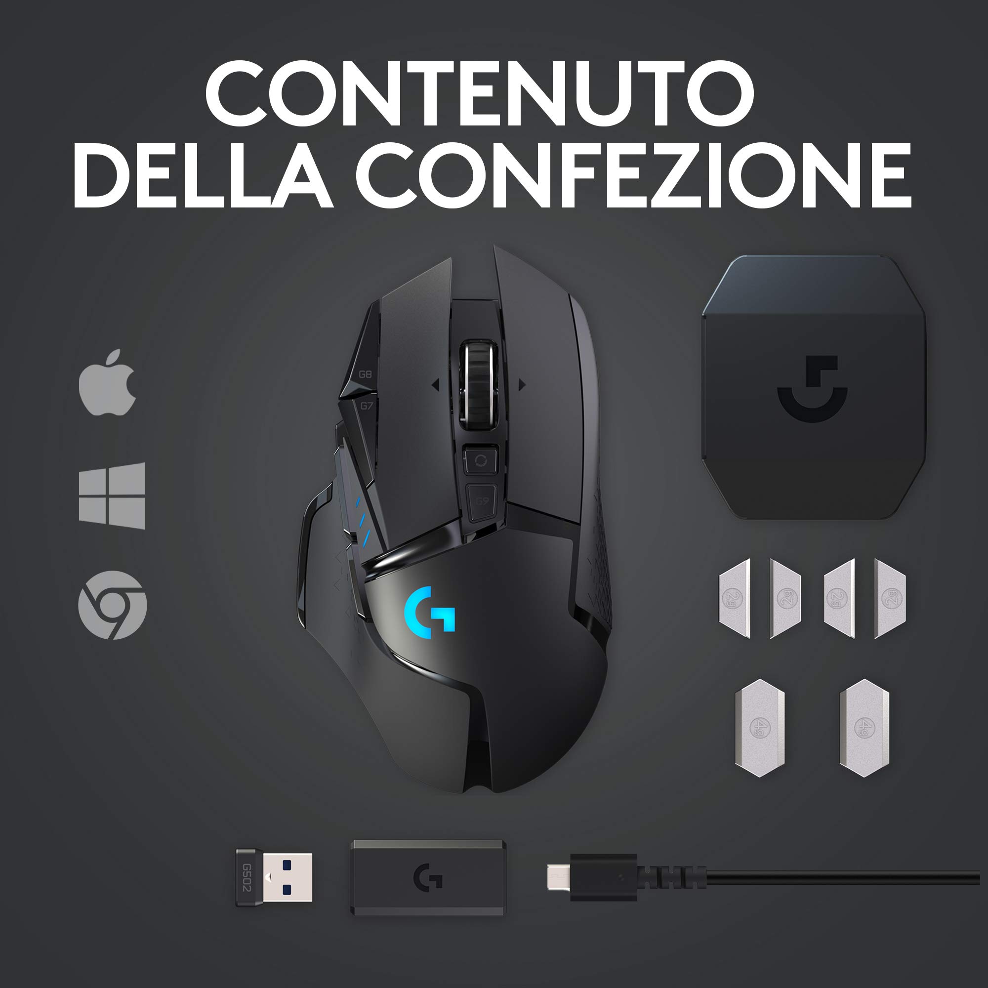 Logitech G G502 Mouse Gaming Wireless LIGHTSPEED, Sensore HERO 25K, 25600 DPI, RGB, Design Leggero, 11 Pulsanti Programmabili, Batteria Lunga Durata, Memoria Integrata, Compatibile PC/Mac/Laptop,Nero