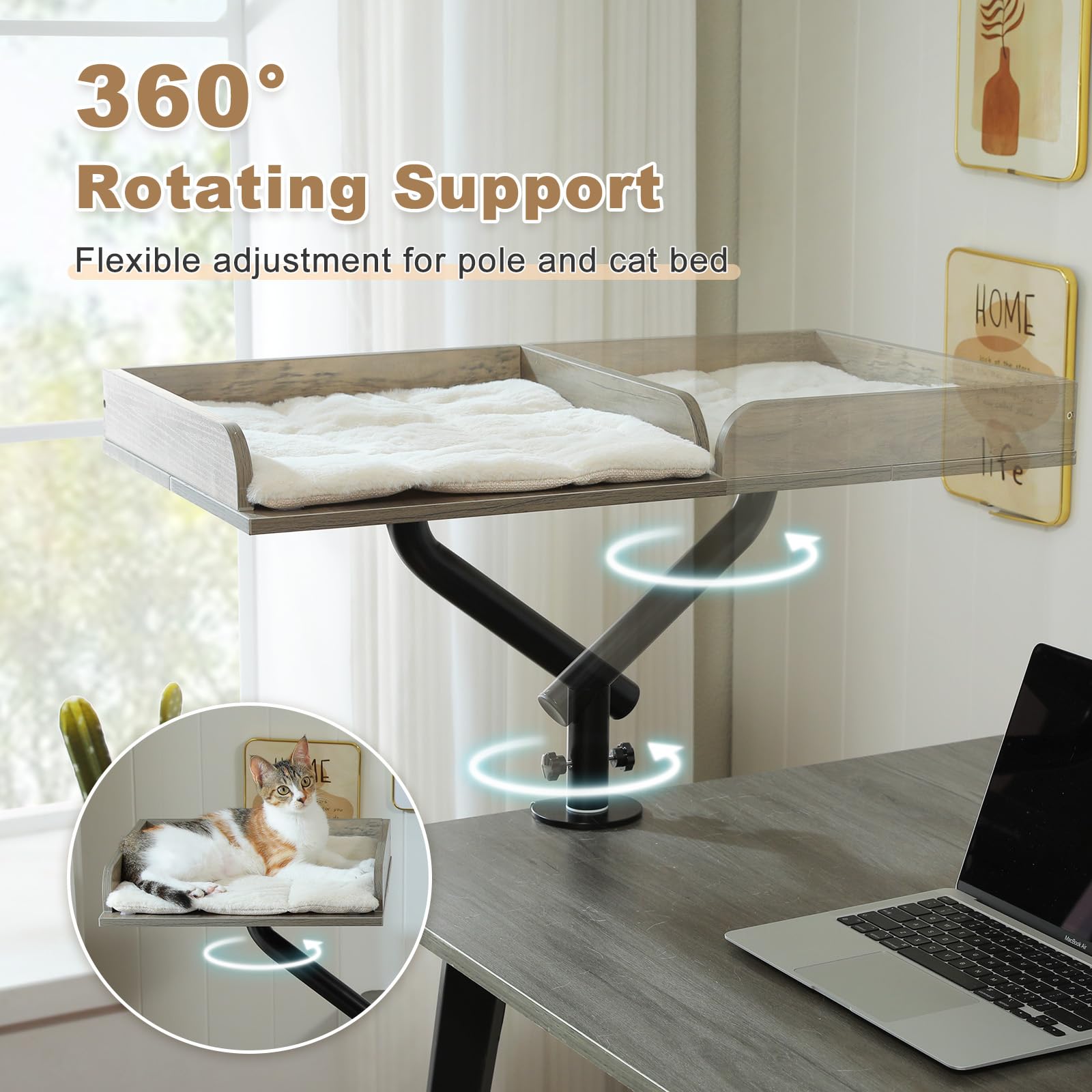 PAWZ Road Cama para Gatos de Escritorio, Cama de Madera para Interiores, Cesta para Gatos, giratoria 360° y Regulable en Altura, Hamaca para con rascador, soporta hasta 23 kg, Gris