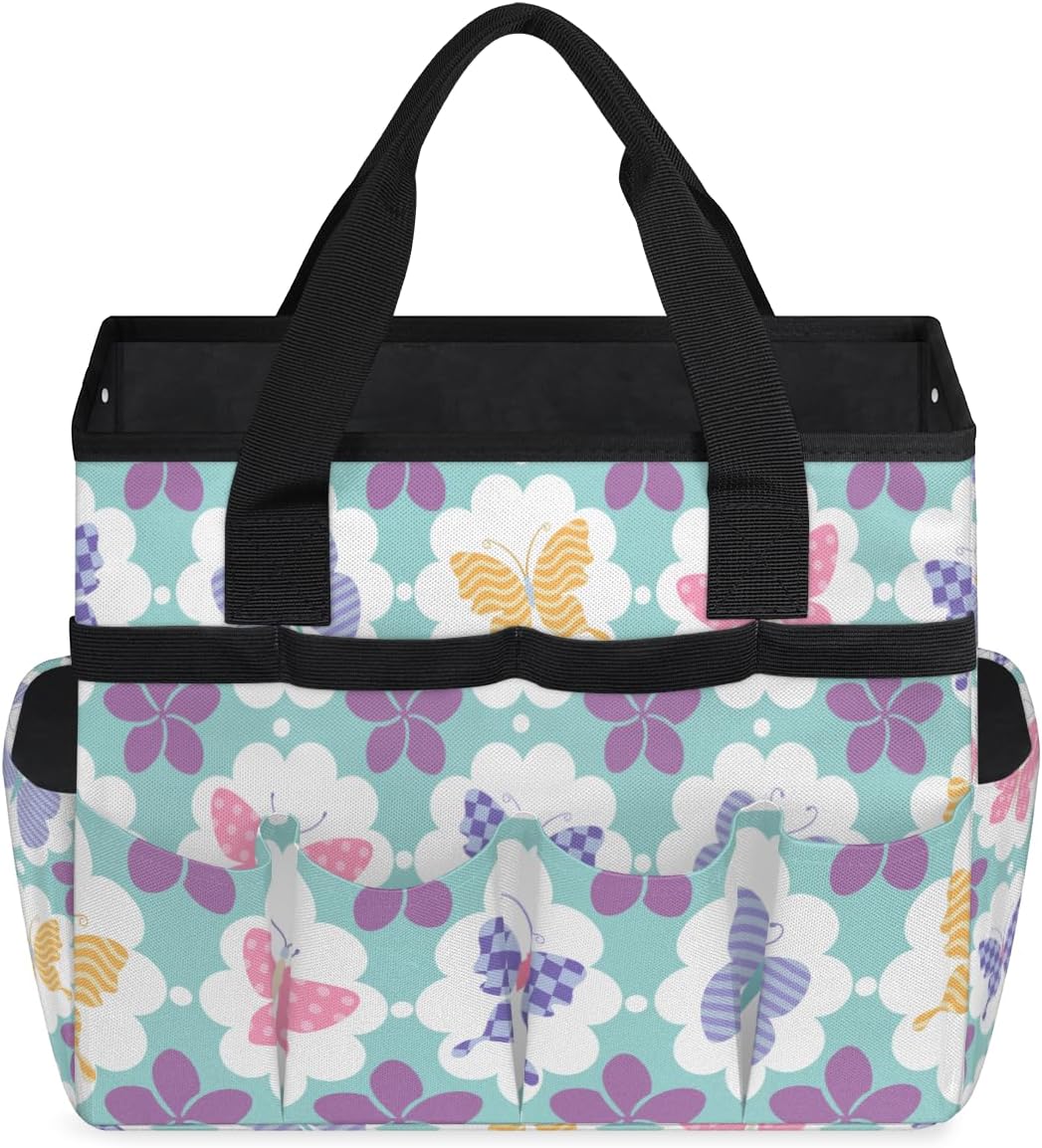 Butterfly Pattern Garden Tool Bag Tote for Men Women Multiple Pockets Wide Mouth Heavy Duty Waterproof Tool Organizer Bag for Outdoor Lawn Yard Portable Gardening Storage With Elasticbands