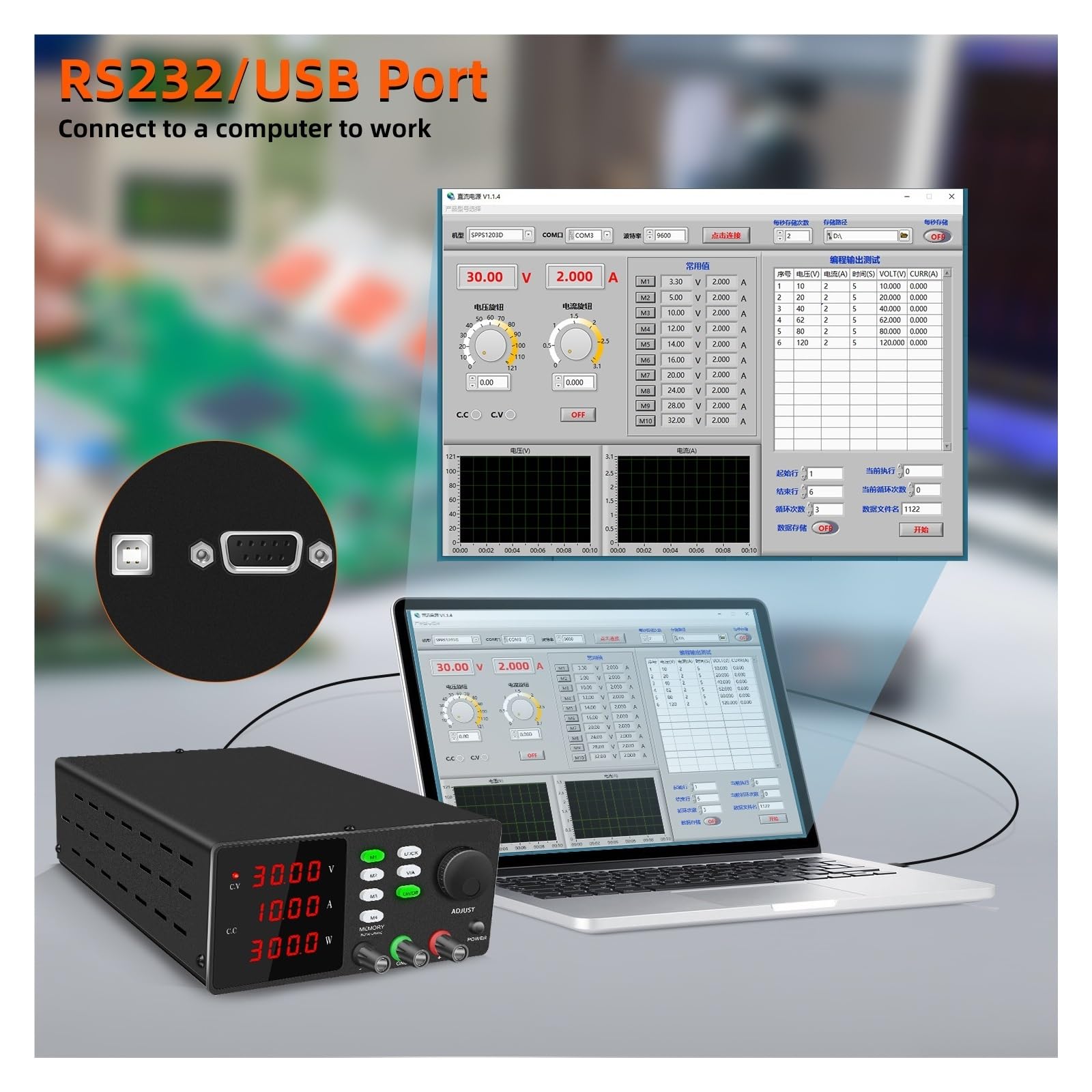 Porta USB Alimentatore Programmabile DC Software For PC Banco Di Lavoro Regolabile For La Manutenzione Del Laboratorio Uscita Precisa Efficiente Stabile(120V 3A 232Port)