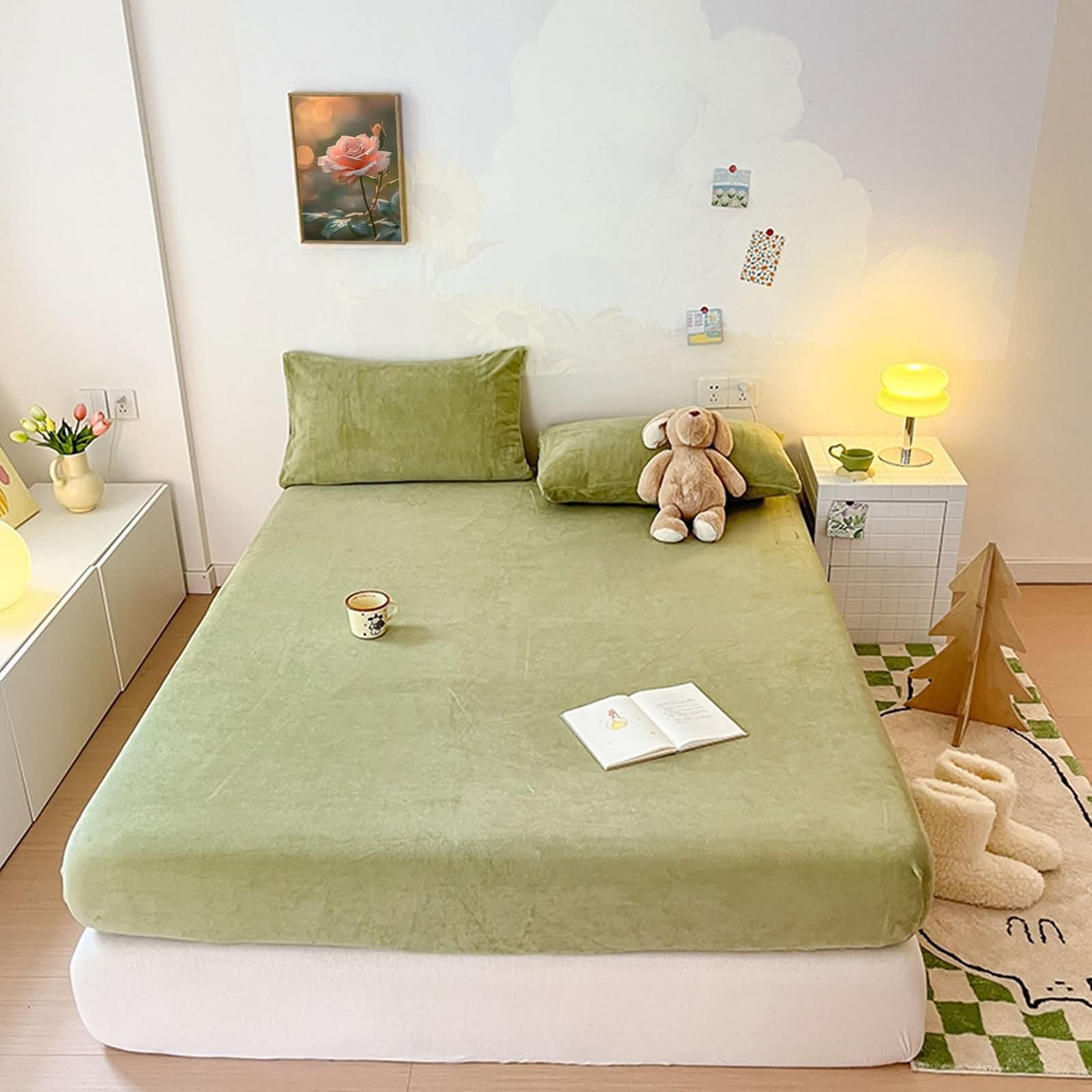 Drap Housse Élastique en Velours, Couleur Unie, 180 x 200 CM, Olive Vert