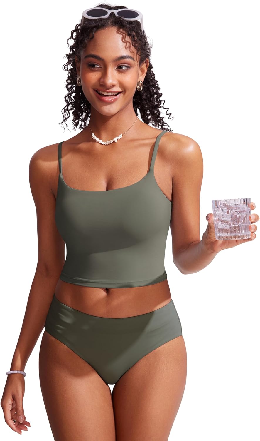 CRZ YOGA Cami Strap Bikini Tops for Women - Padded Scoop Neck Longline Swimsuit Adjustable Bathing Suit Crop Tankini - Image 3