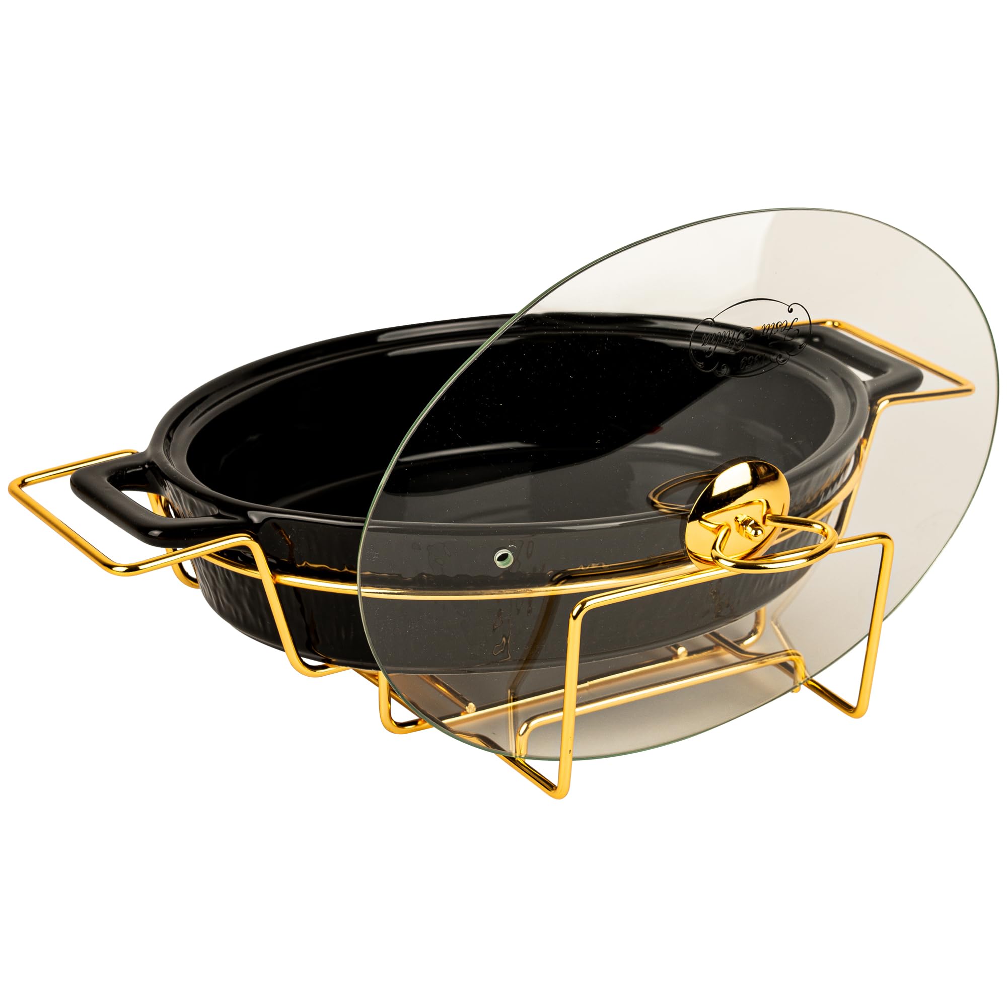 Auflaufform Keramik mit Deckel - 2.5L - Lasagne Oval Form Groß - Schwarz Auflaufformen mit Ständer Tealight - Ofenform - Backform - Lasagneform - Casserole Dish - Großkeramik