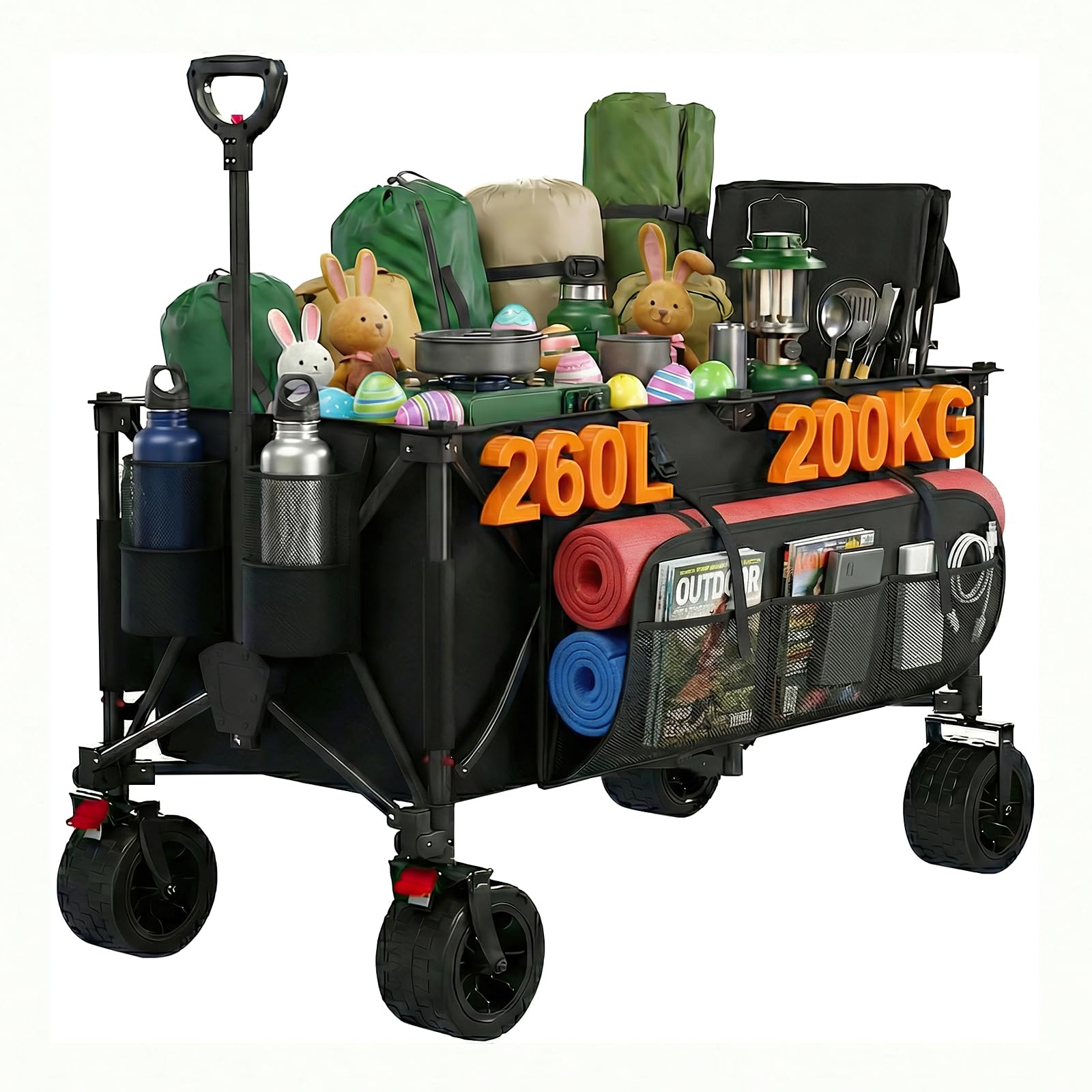 Devoko 260L Chariot de Plage Maximum 200KG Chariot de Jardin,Diable Pliant avec Freins,Chariot Pliable Poignée Réglable,Brouette Jardin,Chariots à la Plage Chariots de Transport pour Le Camping Noir