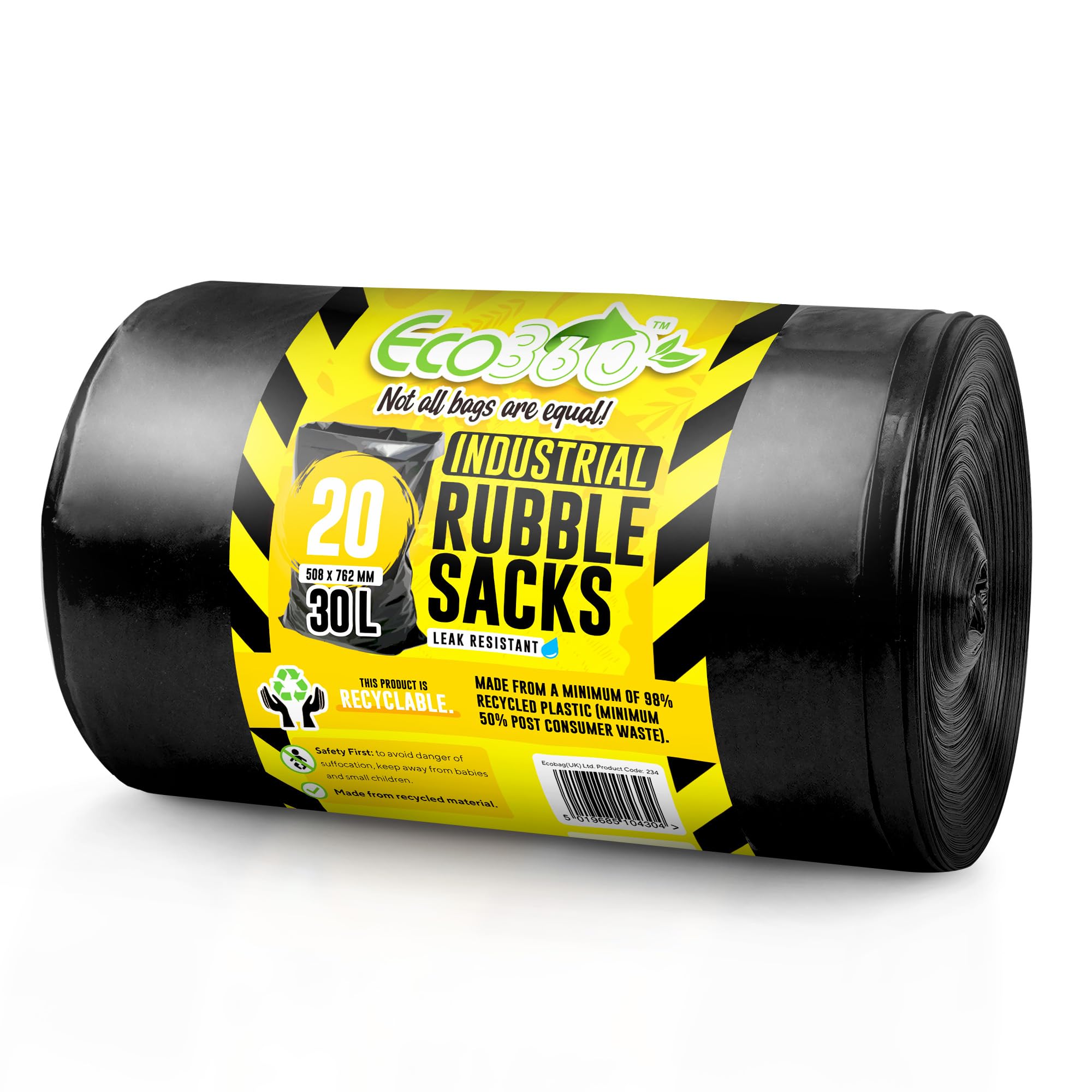 Ecobag Black 20 Pack Rubble Bags 30L, 80 Microns -Recyclable Large Rubble Sacks Heavy Duty, Leak Resistant Rubble Sacks, Eco-Friendly Garden Sacks, Bin Liners For Builders Bags, Kitchen (508X762mm)