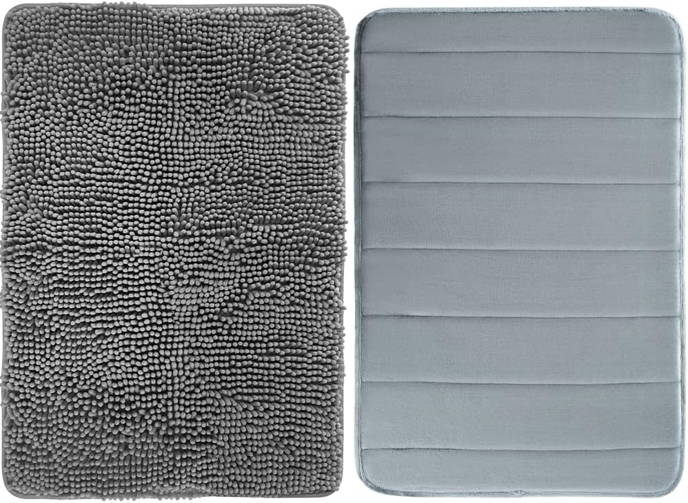 GORILLA GRIP Bath Rug and Memory Foam Bath Mat, Bath Rug Size 24x17 in, Shaggy Machine Washable Mats, Memory Foam Bath Mat Size 24x17 in, Absorbent Decorative Mats, Both in Gray, 2 Item Bundle