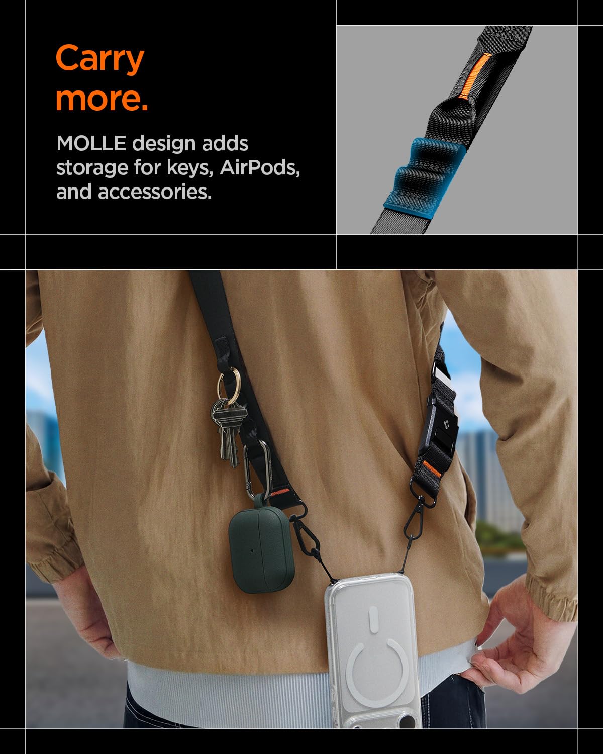 Spigen DA30M [Lanyard Magnetico 2-in-1 Staccabile] con Stile MOLLE – Compatibilità Universale, Tracolla e Cinturino da Polso Regolabili, Design Sicuro e Antifurto - Nero