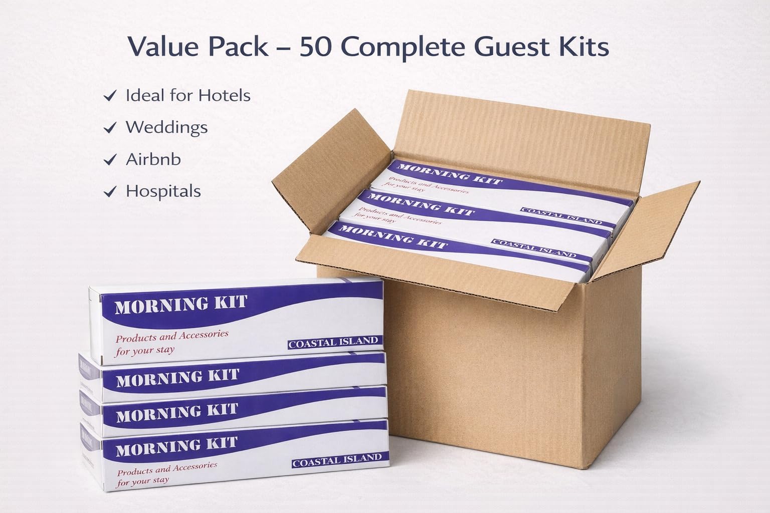 Sevenhills 50 Sets Morning Kit – Guest Toiletry Kit with Toothbrush, Toothpaste, Soap 15g, Hair & Body Wash 20ml, Comb – Hotel Guest Room Amenities, Wedding Return Gift, Travel Essentials for Airbnb, Hospitals, Resorts, Camps 1