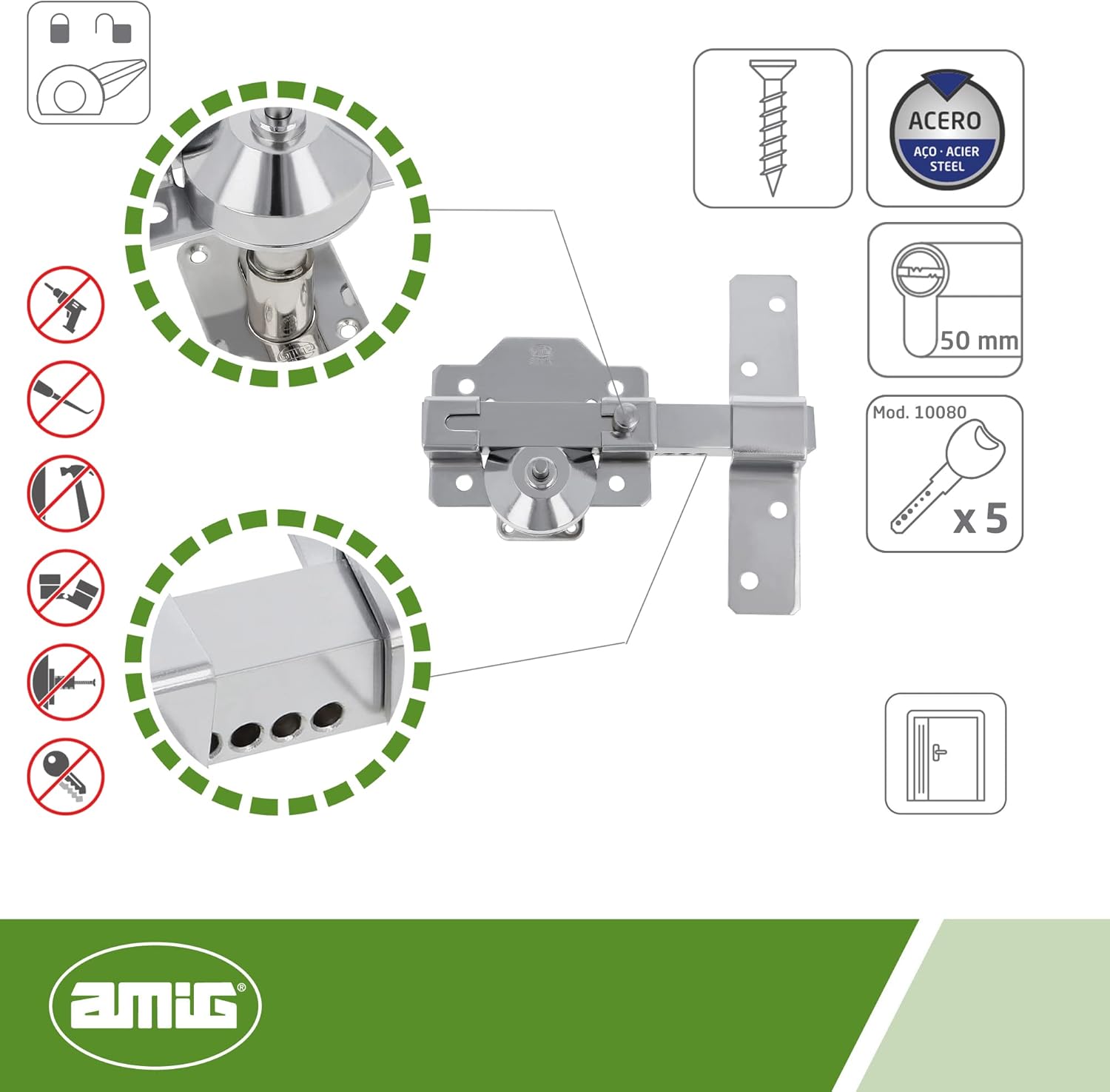Amig - Pack of Steel Lock and Brass Cylinder Matched for Wooden Doors, Mod. 1PLUS, 70 mm (35-35), Increase The Security of Your Home, Silver Steel