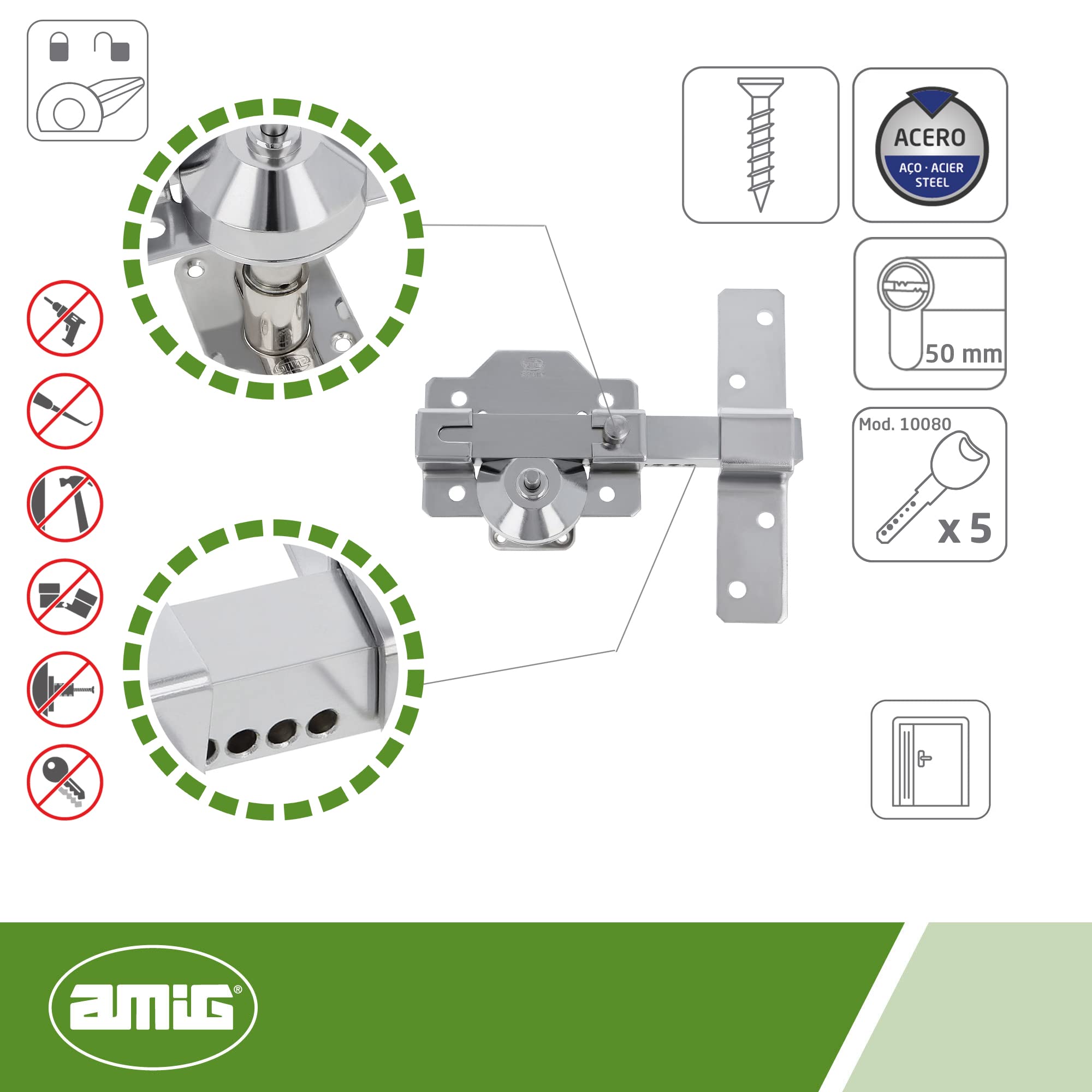 Amig - Pack de Seguridad Cerrojo de Acero y Cilindro de Latón Igualado para Puertas de Madera - Mod. 1PLUS - ø 62 mm (31-31) - Aumenta la Seguridad de tu Hogar - Acero Plateado