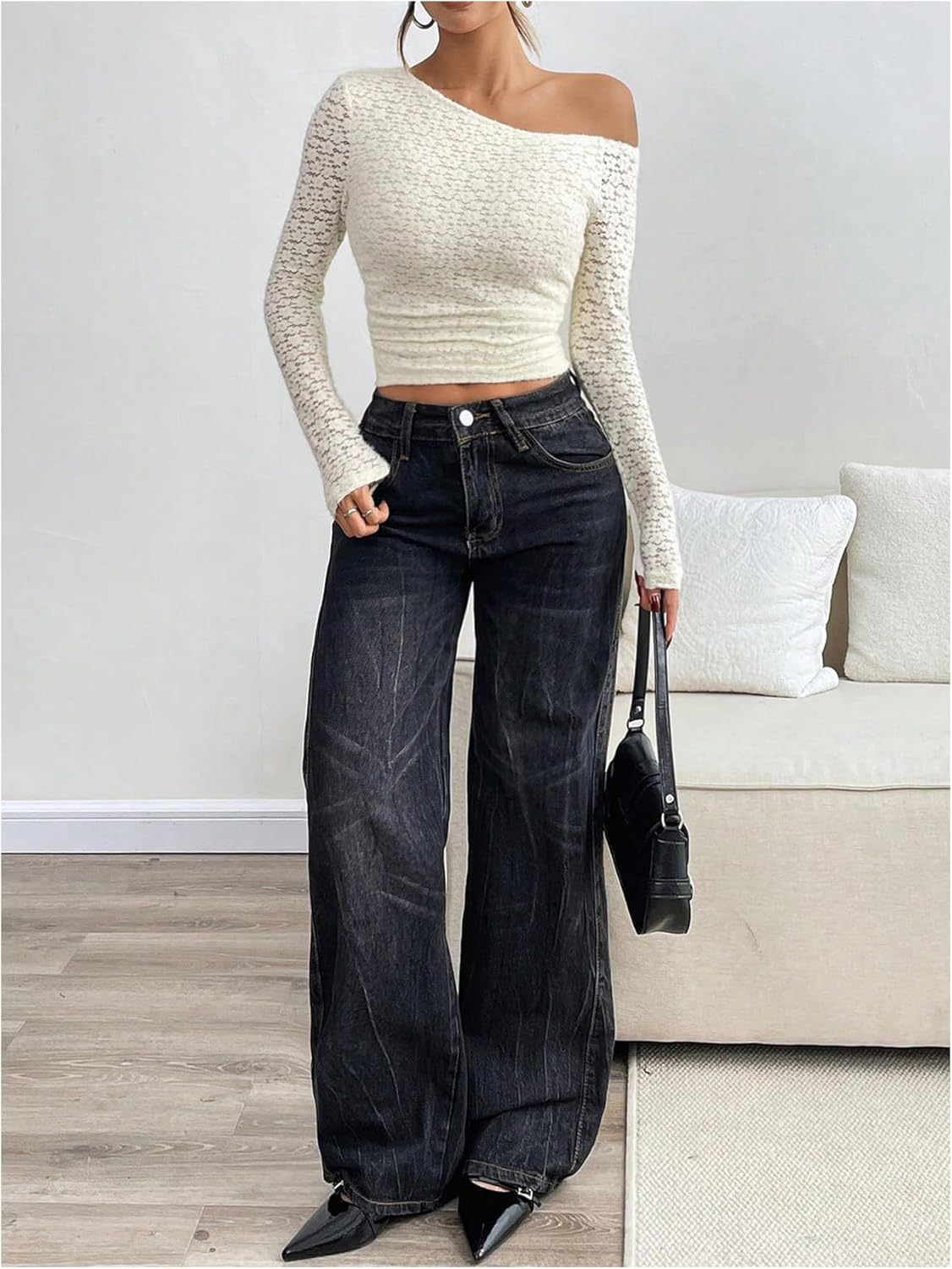 MakeMeChic Women's Floral Lace Off The Shoulder Top Tee Shirt Ruched Long Sleeve Going Out Shirt - Image 5