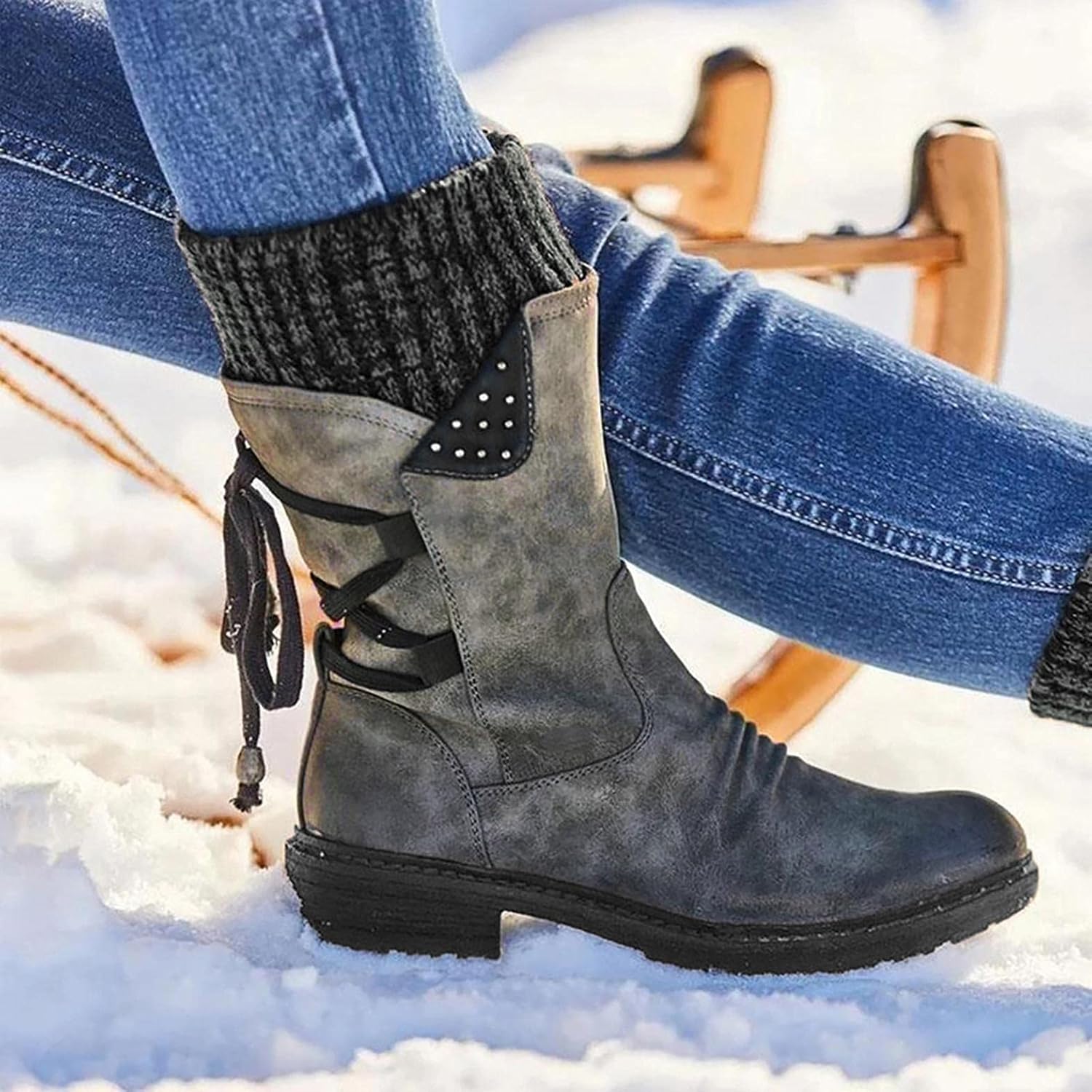 Hbeylia Boots For Women Thermal Suede Knit Splicing Lace Up Fashion Casual Round Toe Chunky Block Low Heels Non Slip Winter Snow Boots Warm Mid Calf Riding Work Dress Short Boots Womens Ankle Booties