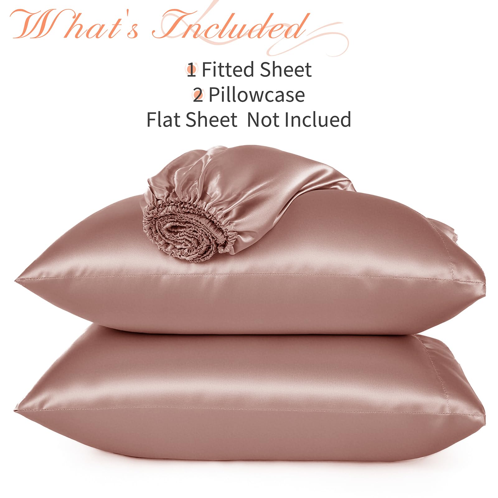 NSGZ Set di 3 lenzuola in raso con angoli e federe, per letto king size, con angoli profondi fino a 38 cm, color champagne, include 1 lenzuolo con angoli e 2 federe