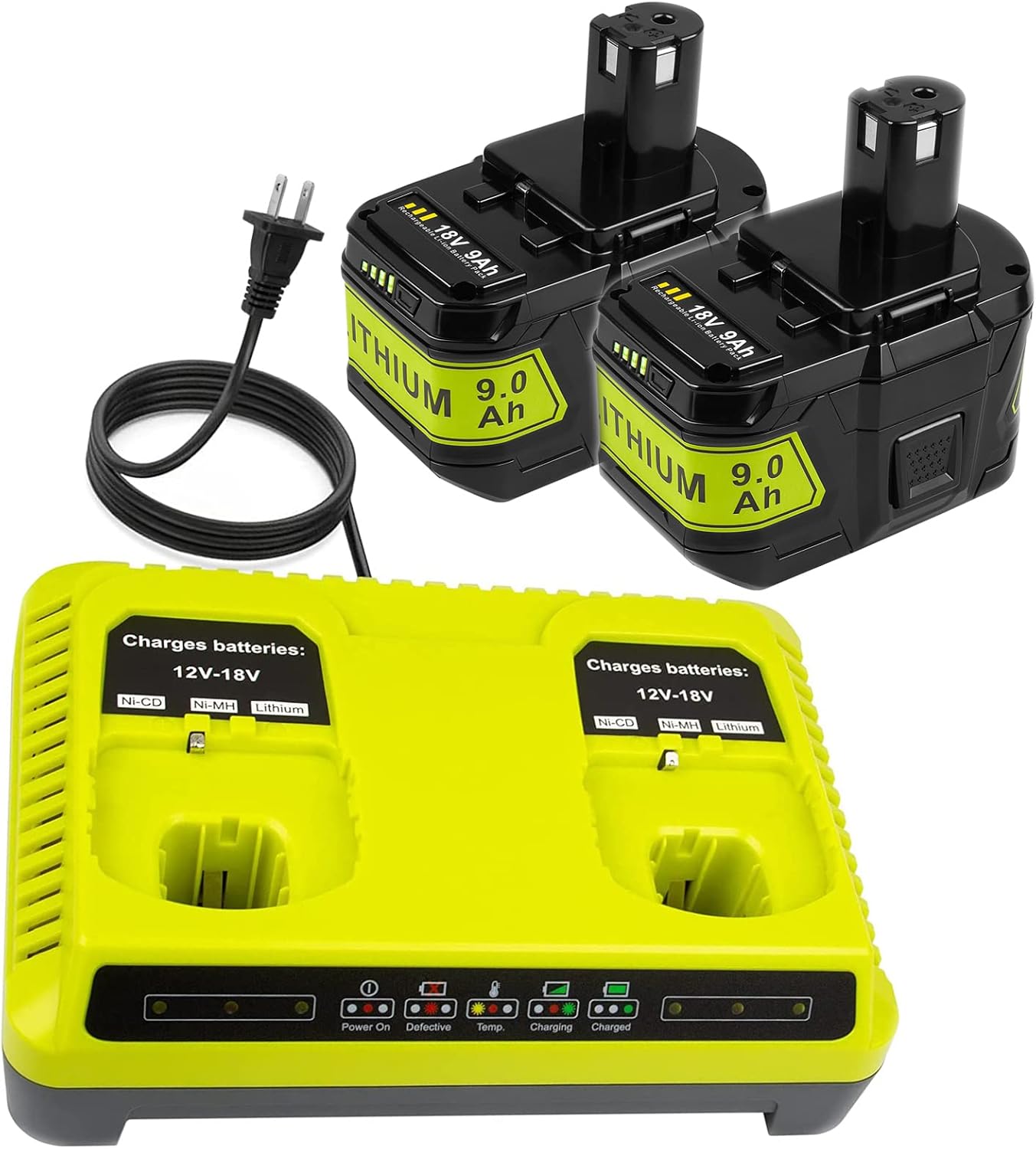 ARyee 2-Ports P117 Replacement Ryobi Dual Charger for Ryobi 18v Battery ONE+ P118 12V-18V Max + 2Pack 9.0Ah P108 Battery Replacement for Ryobi 18V P102 P103 P104 P105 P107