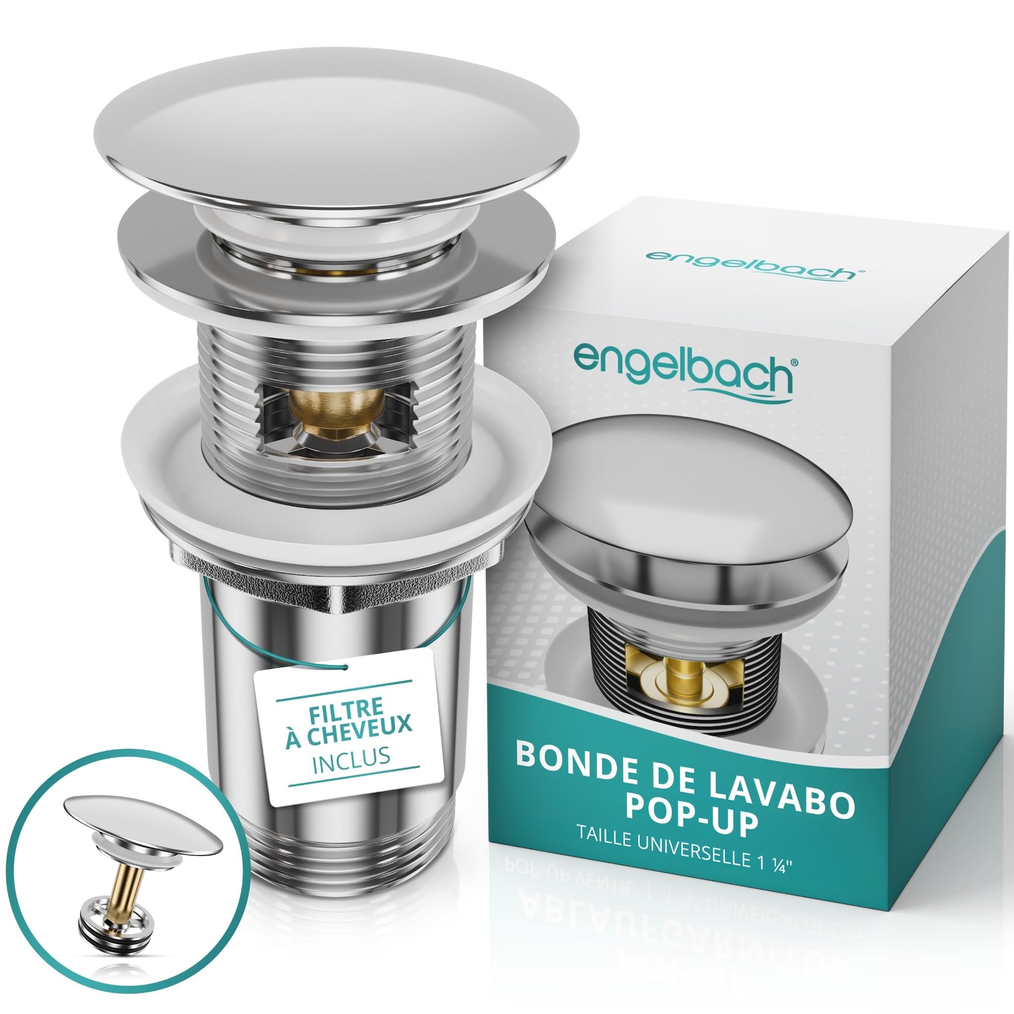 Engelbach Bonde de lavabo avec trop-plein Bouchon clic-clac 3 Joints Inclus Modèle Universel